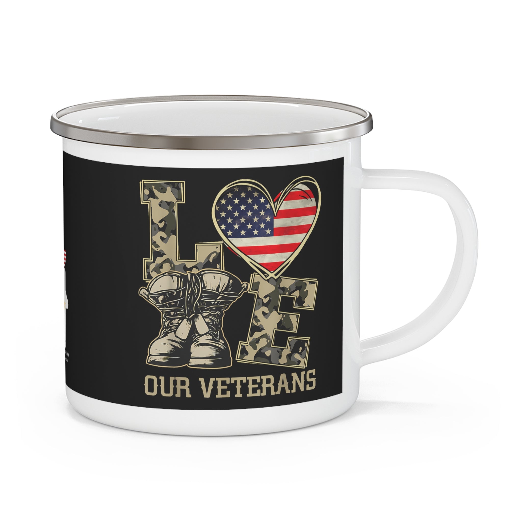 “Love Our Veterans” Enamel Mug with Camo Letters, American Flag Heart, and Combat Boots