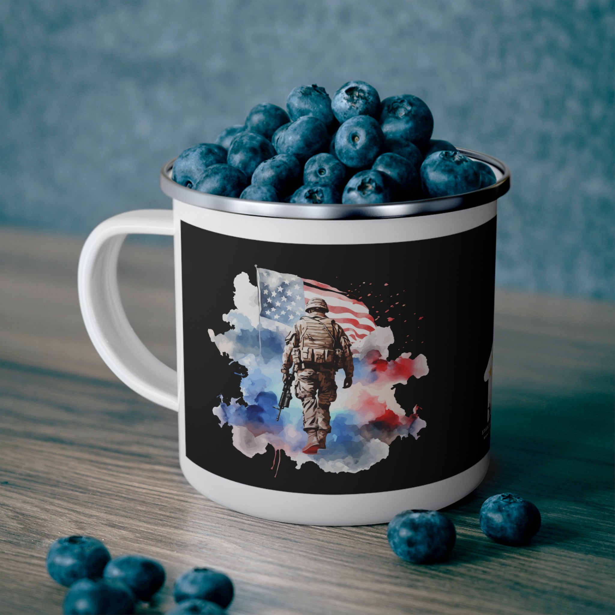 Watercolor Soldier Enamel Mug – Patriotic Memorial Tribute Coffee Cup