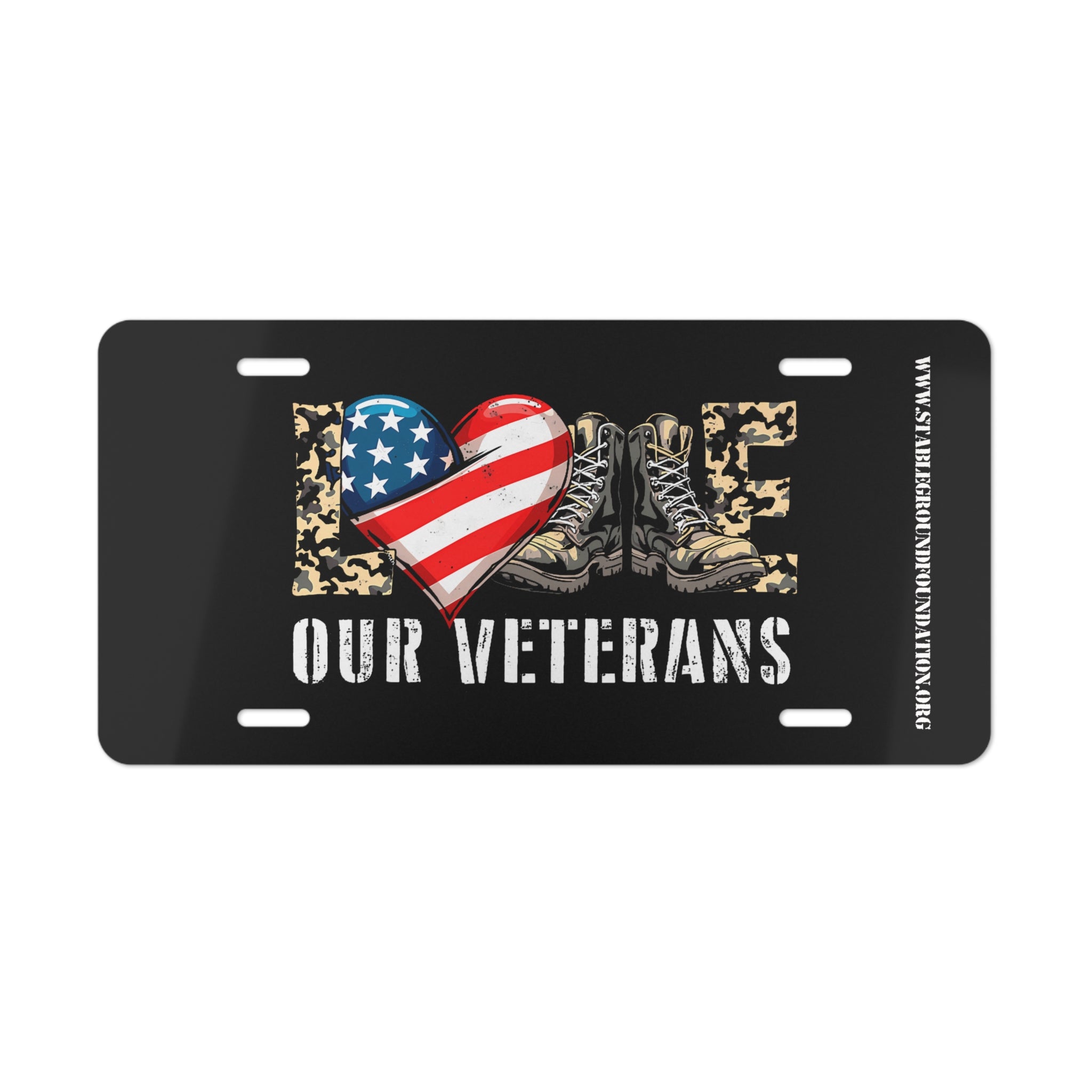 Love Our Veterans – Black Camo Boots Patriotic License Plate