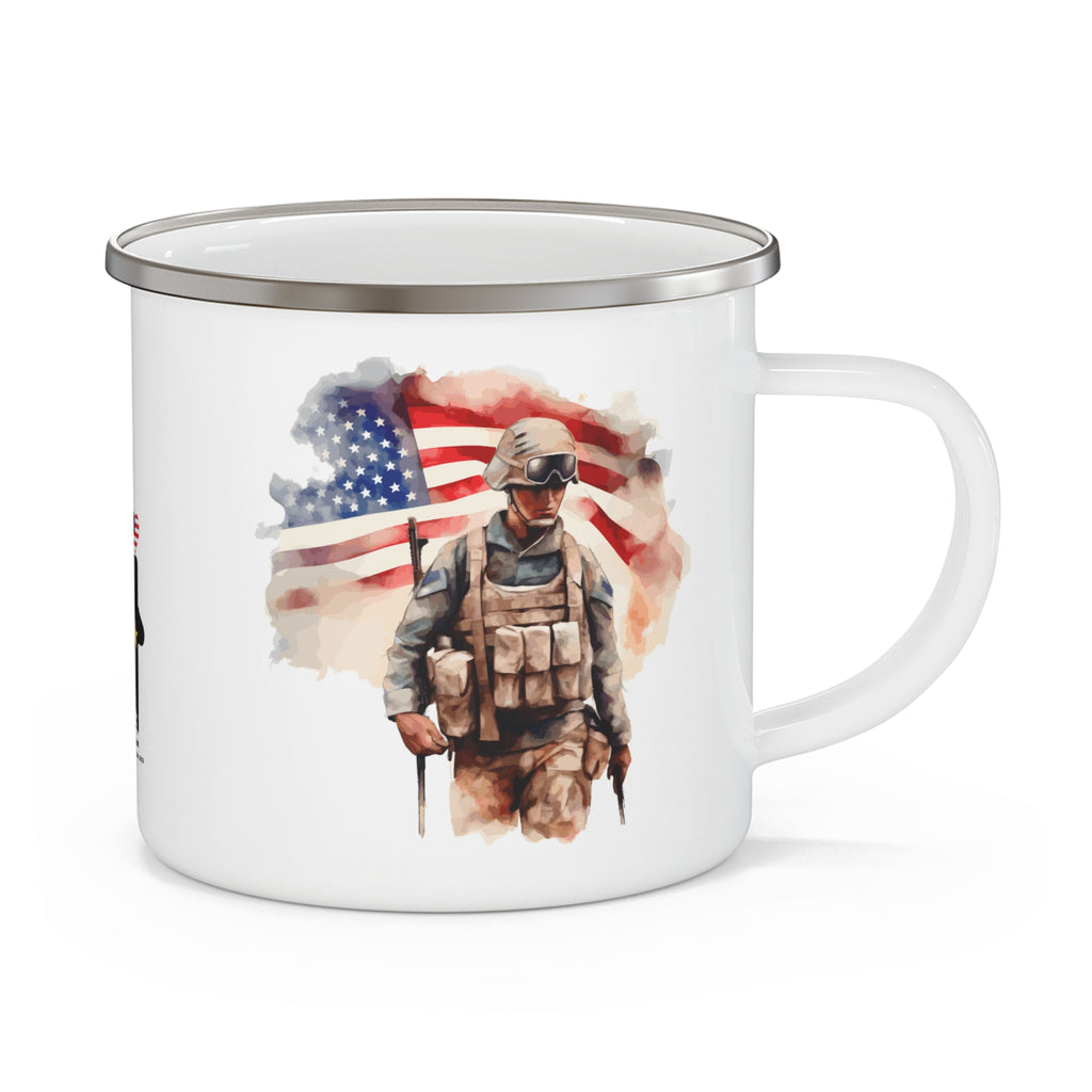 White Soldier & Flag Coffee Cup – Patriotic Warrior Enamel Cup