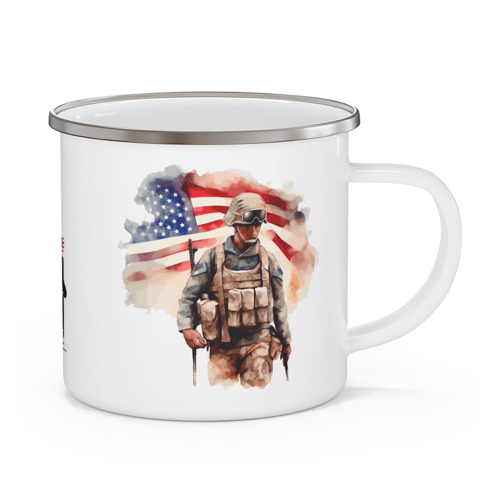 White Soldier & Flag Coffee Cup – Patriotic Warrior Enamel Cup