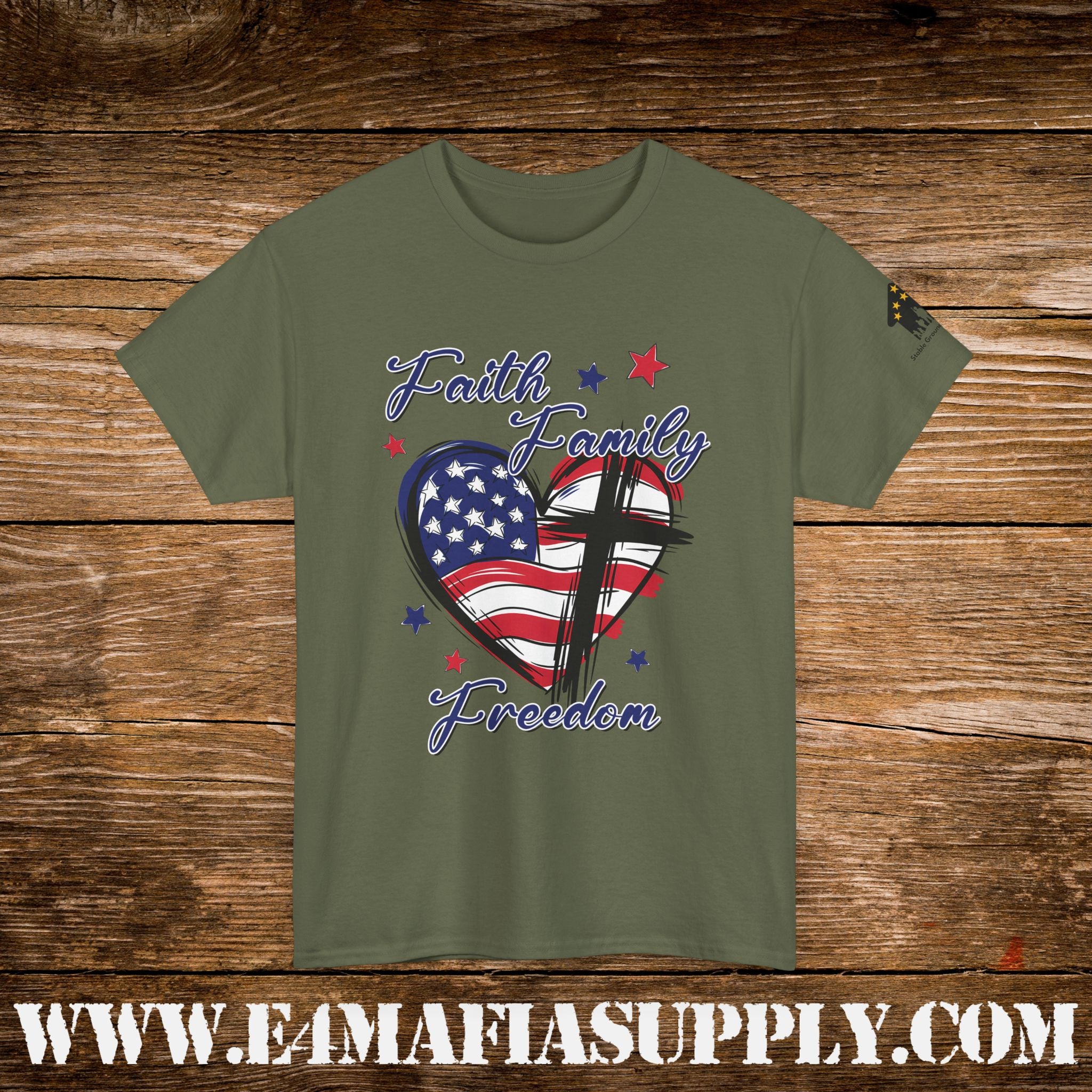 “Faith, Family, Freedom” – Patriotic American Flag & Cross T-Shirt