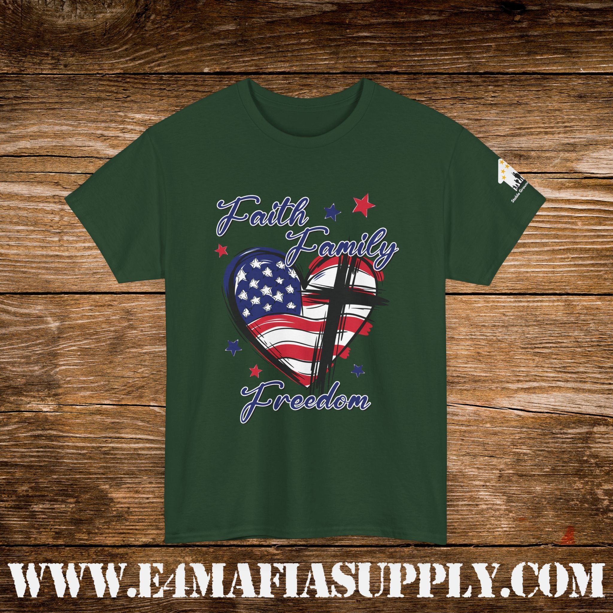 “Faith, Family, Freedom” – Patriotic American Flag & Cross T-Shirt