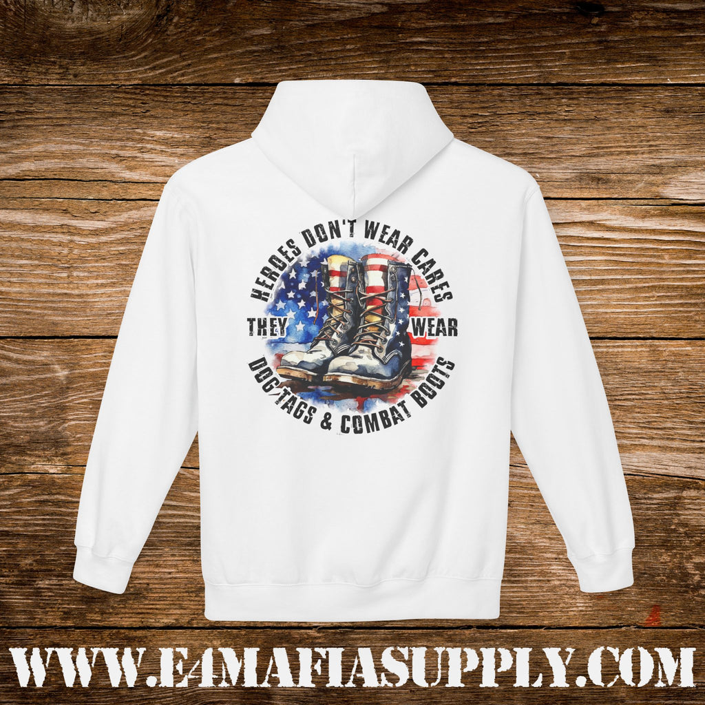 “Heroes Don’t Wear Capes – They Wear Dog Tags & Combat Boots” Patriotic Military Hoodie