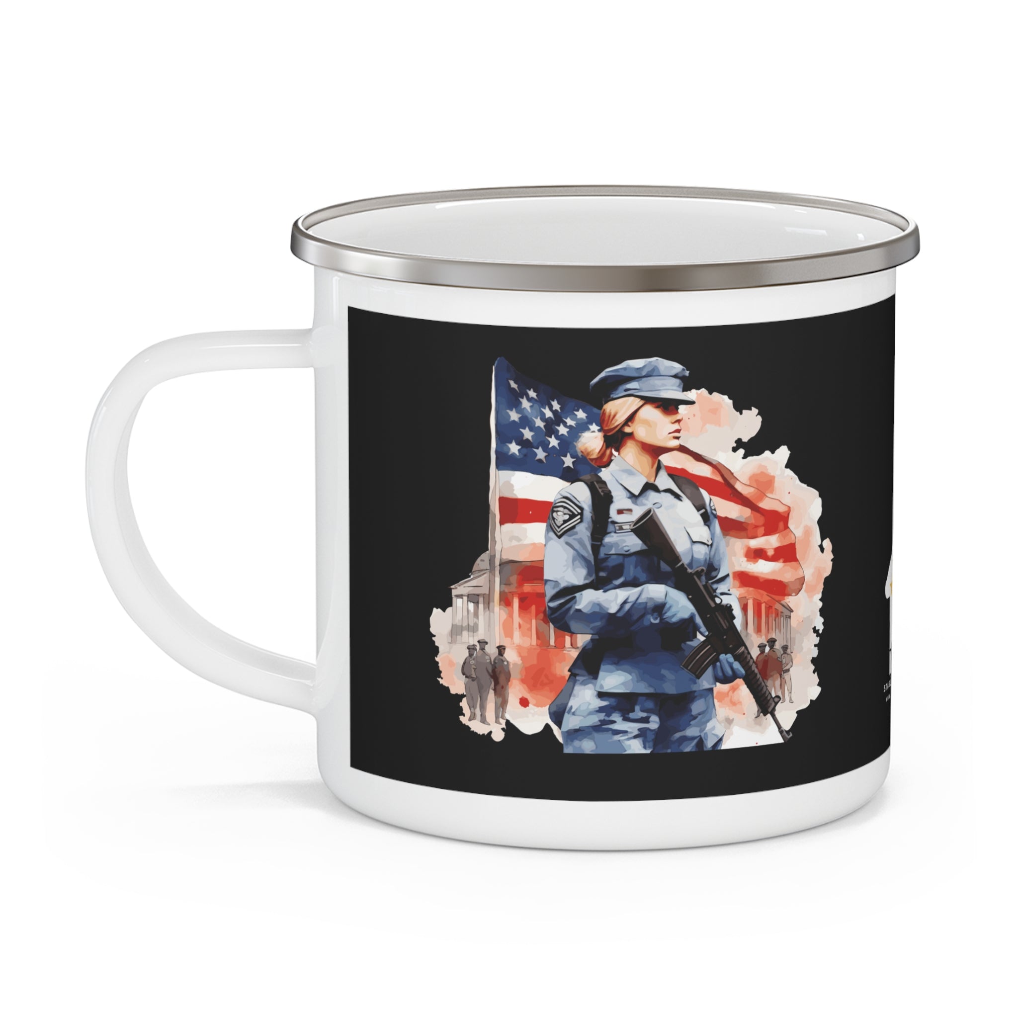 Female Soldier Coffee Cup – Patriotic Women’s Military Tribute Enamel Mug
