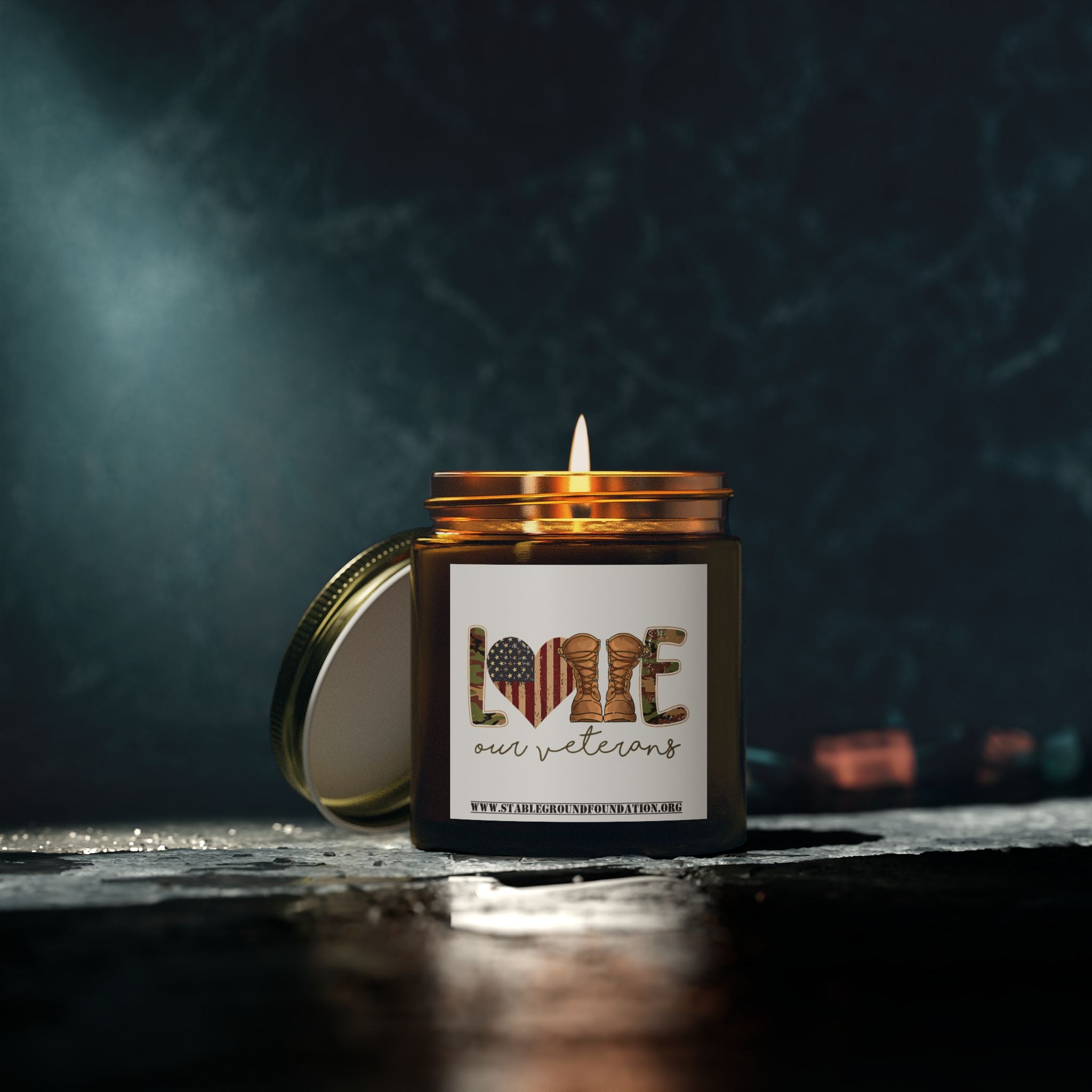 Love Our Veterans Candle – Desert Camo Boots Patriotic Tribute Candle