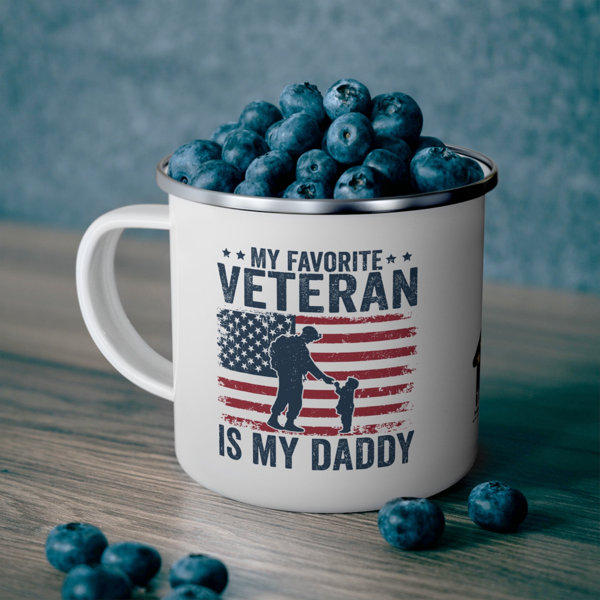 “My Favorite Veteran Is My Daddy” Enamel Mug with American Flag and Father–Child Silhouette