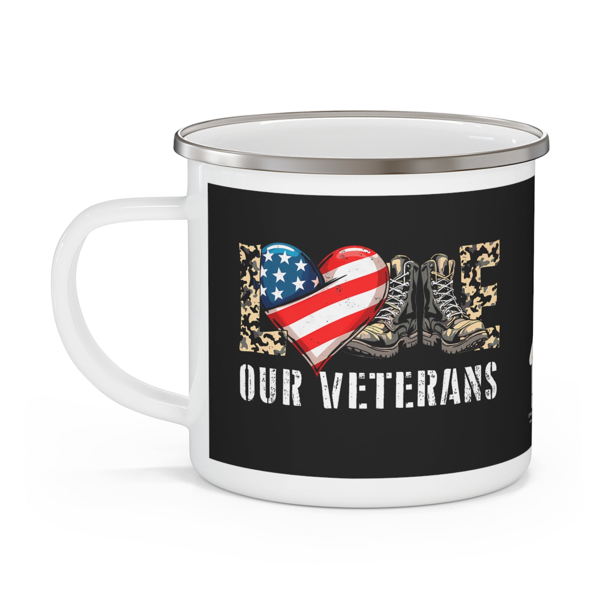“Love Our Veterans” Enamel Mug with American Flag Heart and Combat Boots