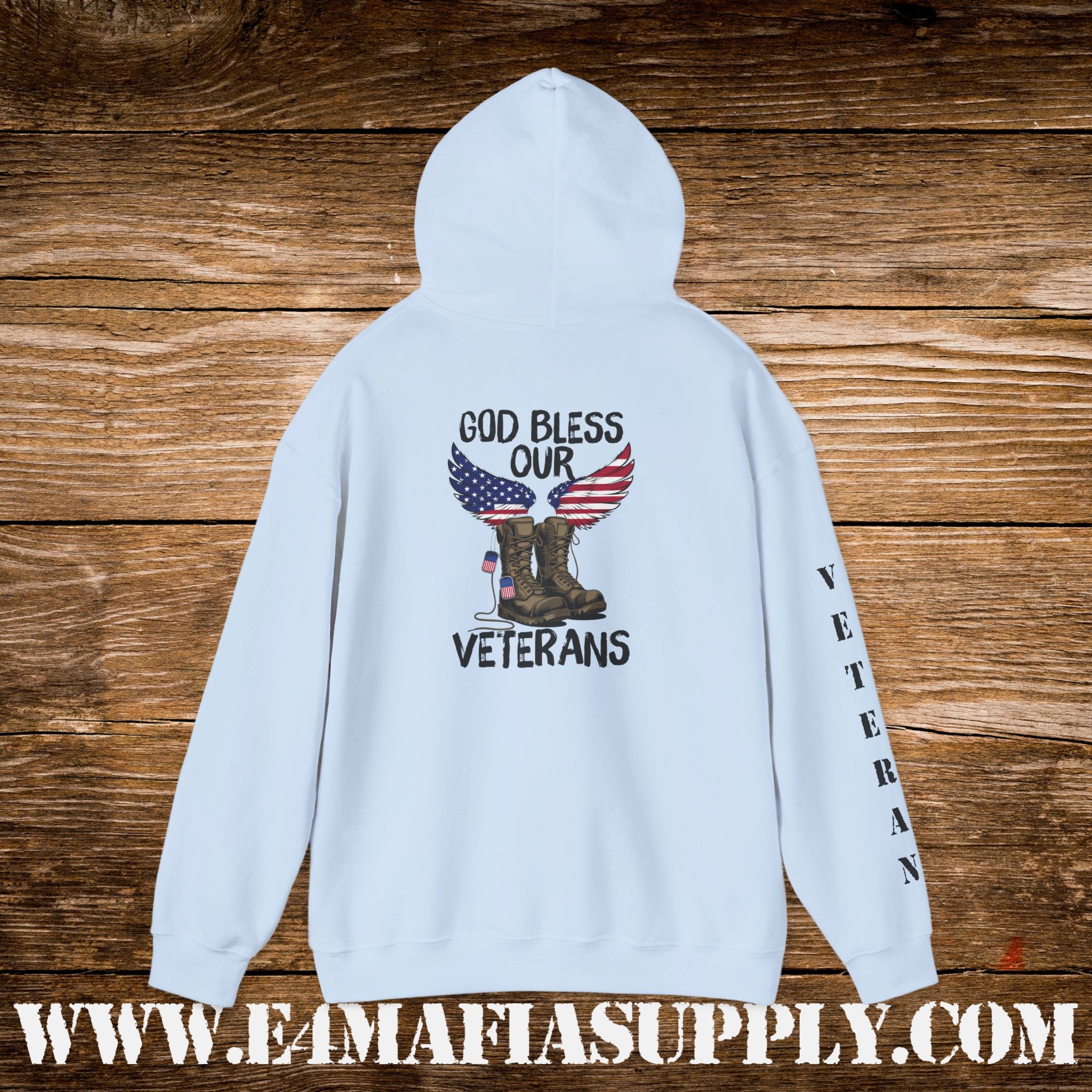“God Bless Our Veterans” American Flag Boots Patriotic Veteran Sleeve Hoodie