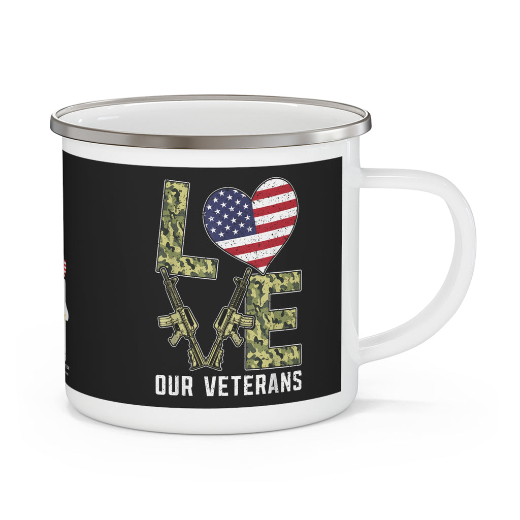 Love Our Veterans Coffee Cup – Patriotic American Flag Enamel Cup