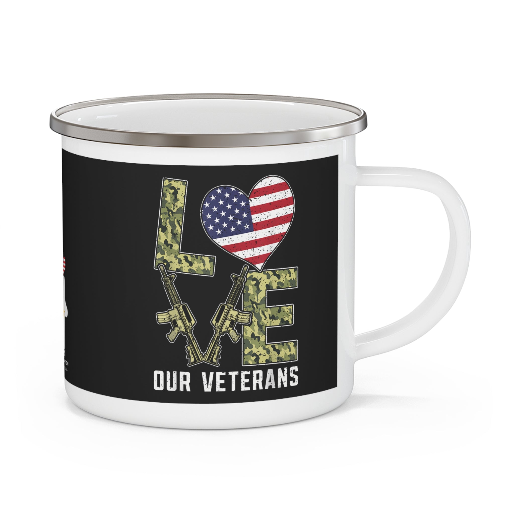 Love Our Veterans Coffee Cup – Patriotic American Flag Enamel Cup