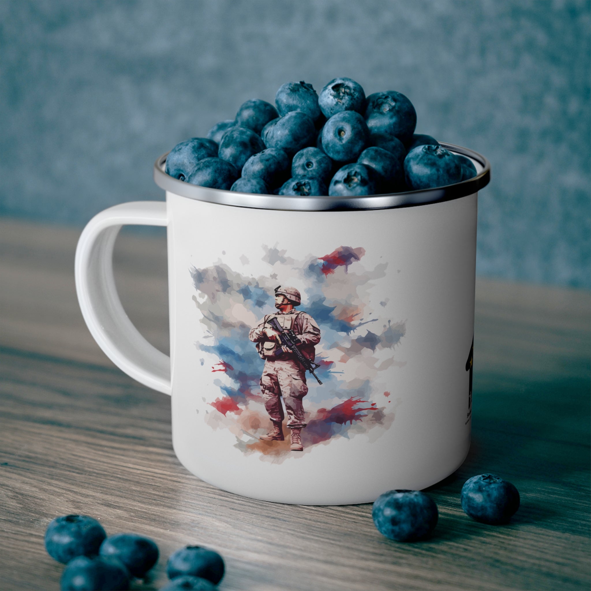 White Watercolor Soldier Coffee Cup – Minimal Patriotic Tribute Enamel Cup