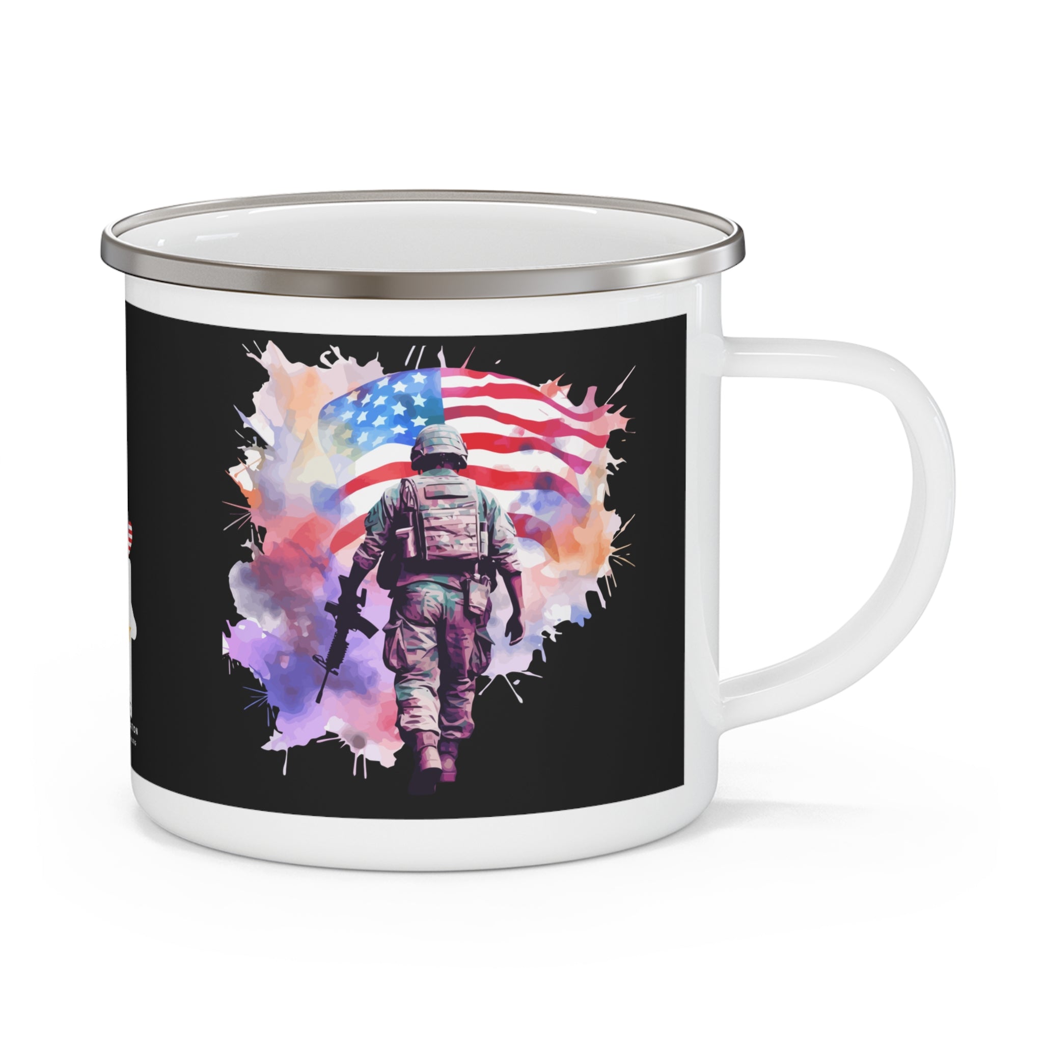 Colorful Watercolor Soldier Coffee Cup – Patriotic American Flag Enamel Cup