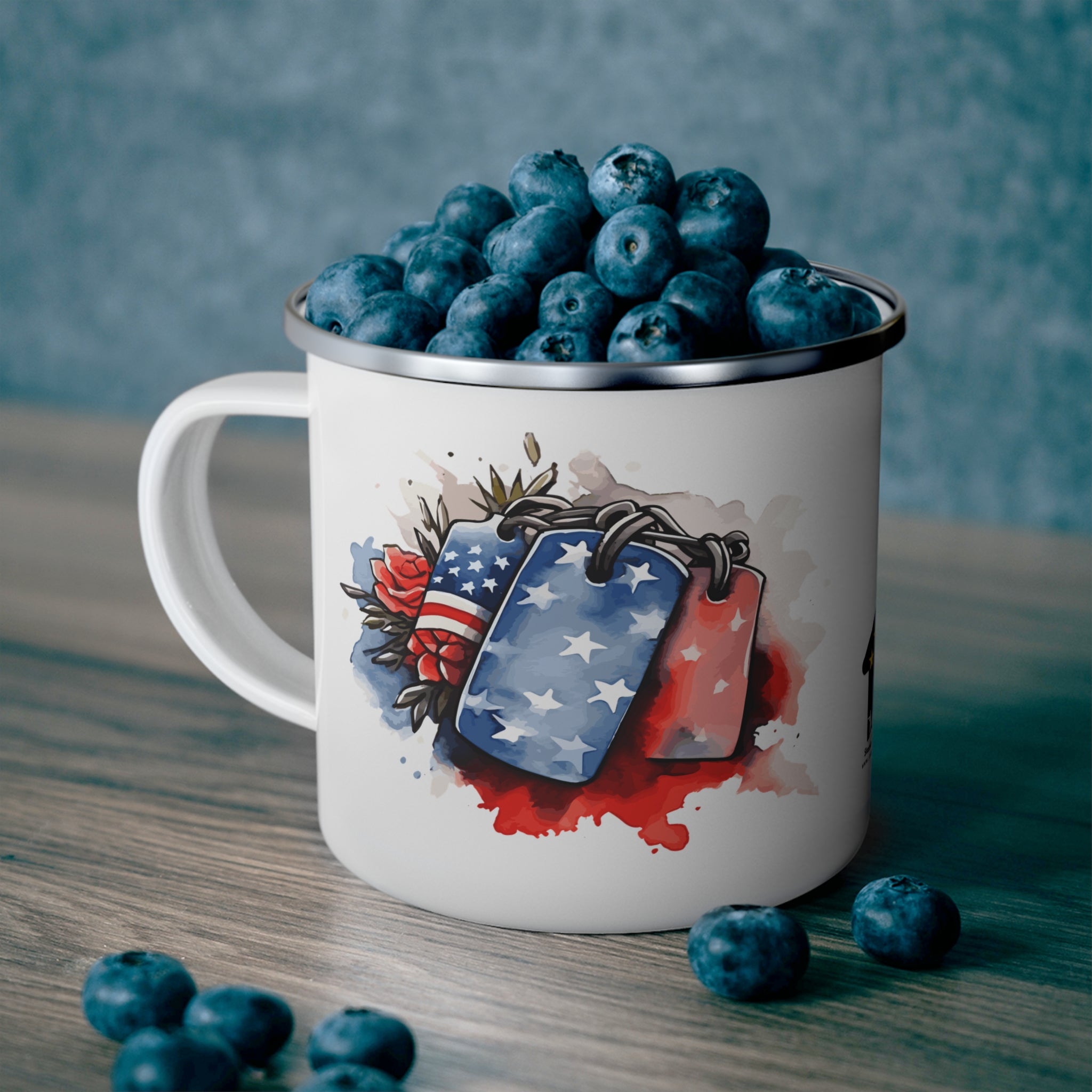 Patriotic Dog Tags Coffee Cup – American Flag Tribute Enamel Mug