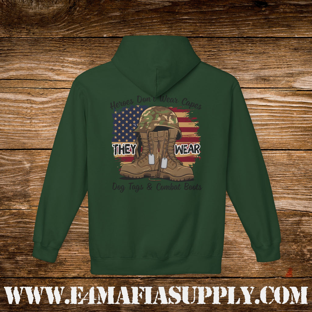 Copy of “Heroes Don’t Wear Capes – They Wear Dog Tags & Combat Boots” Patriotic Military Hoodie