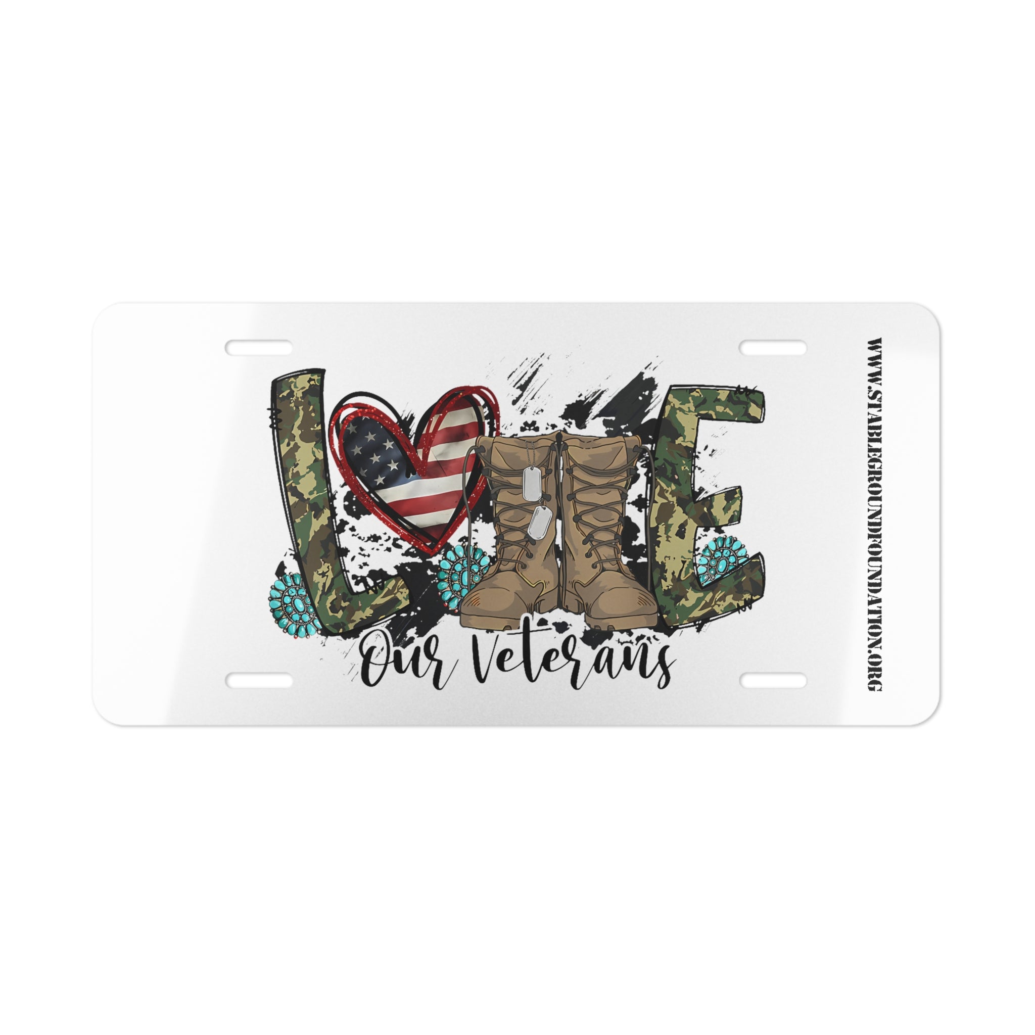 Love Our Veterans – White Patriotic Camouflage License Plate