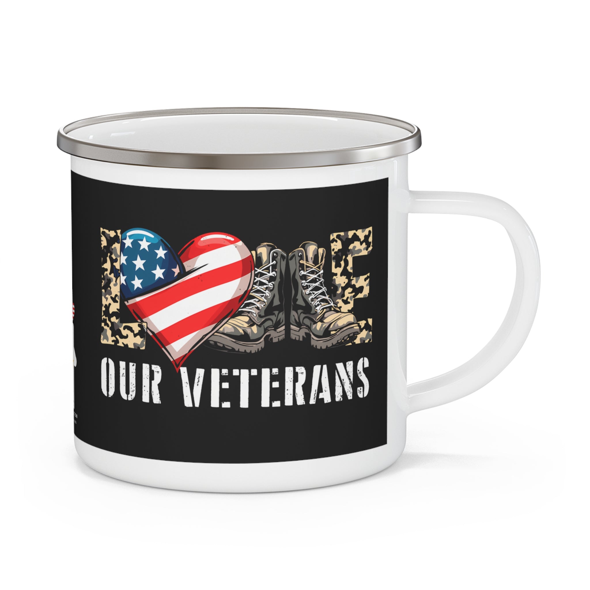“Love Our Veterans” Enamel Mug with American Flag Heart and Combat Boots