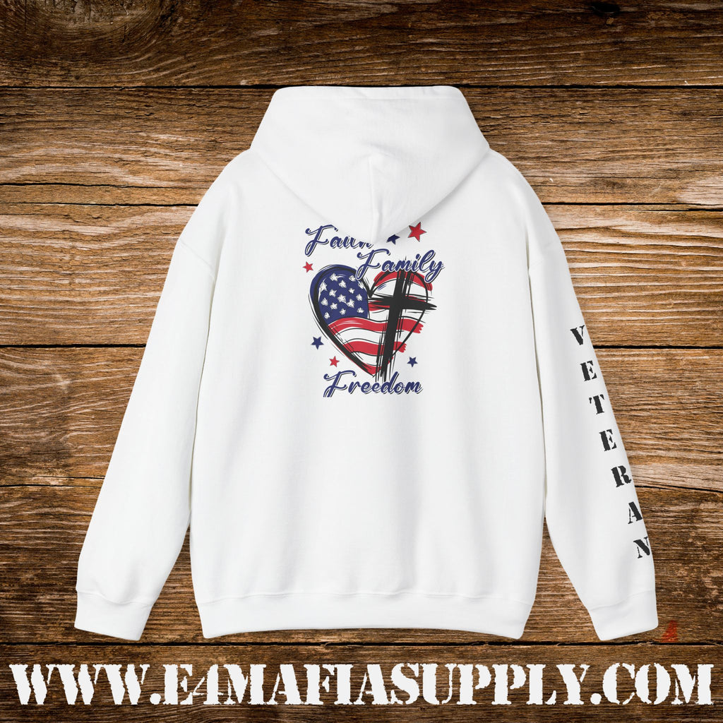 “Faith Family Freedom” American Flag Heart Patriotic Veteran Hoodie
