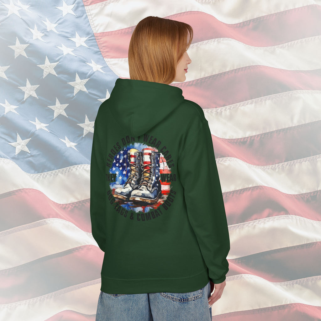 “Heroes Don’t Wear Capes – They Wear Dog Tags & Combat Boots” Patriotic Military Hoodie