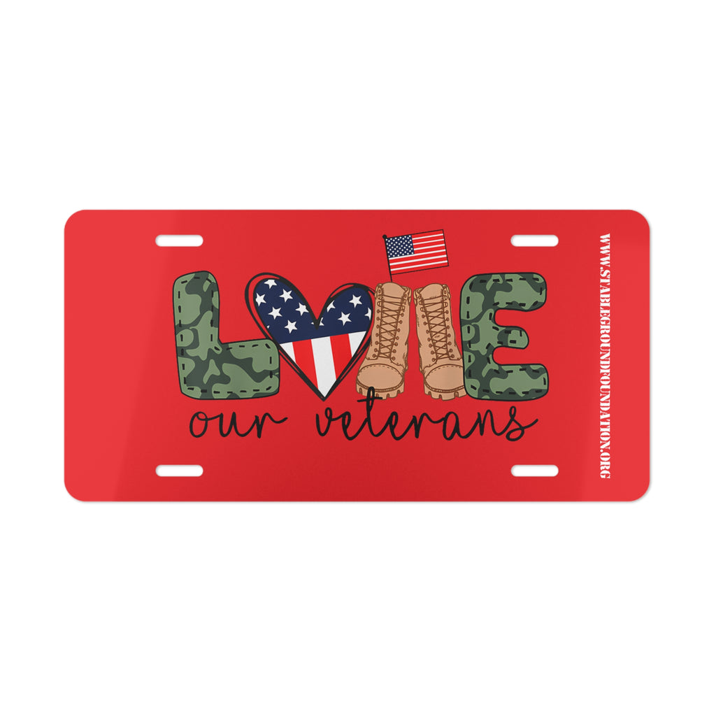 Love Our Veterans – Red Camo Boots & Flag Patriotic License Plate