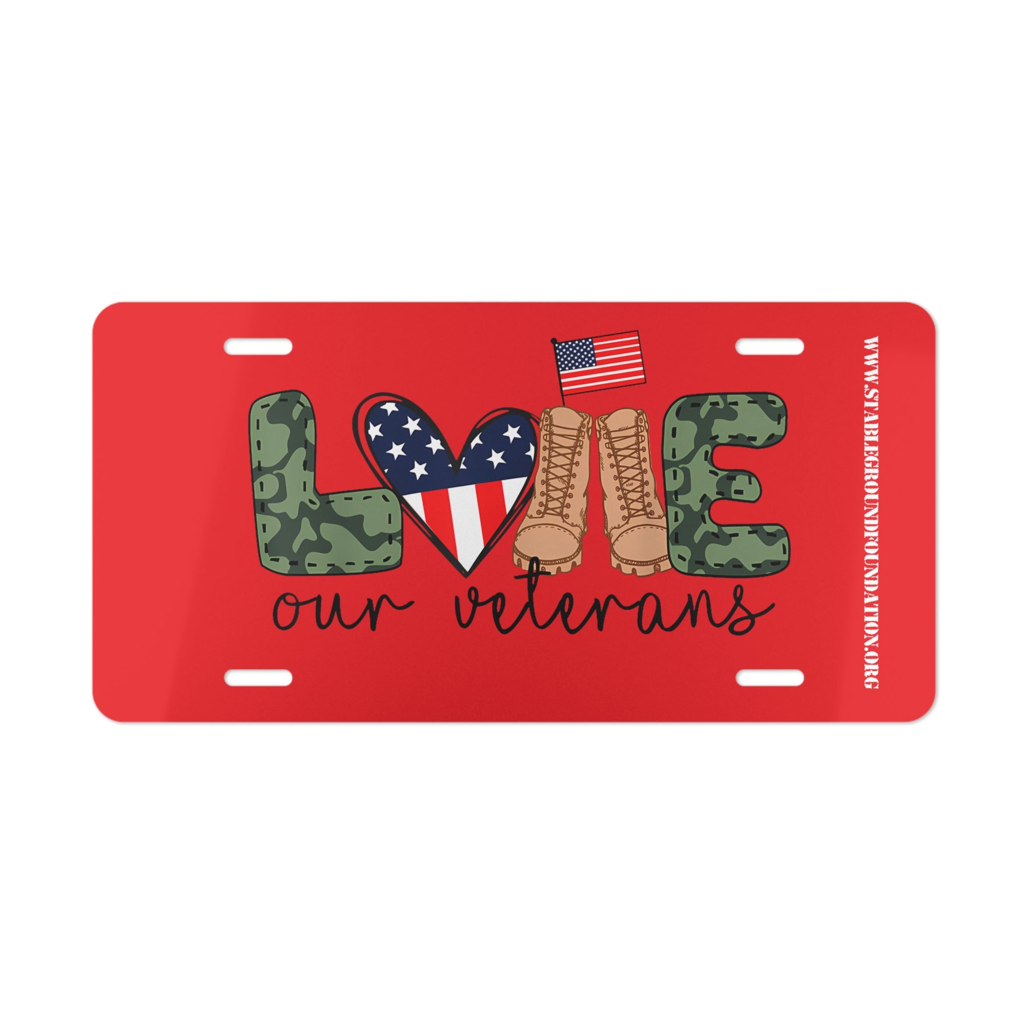 Love Our Veterans – Red Camo Boots & Flag Patriotic License Plate