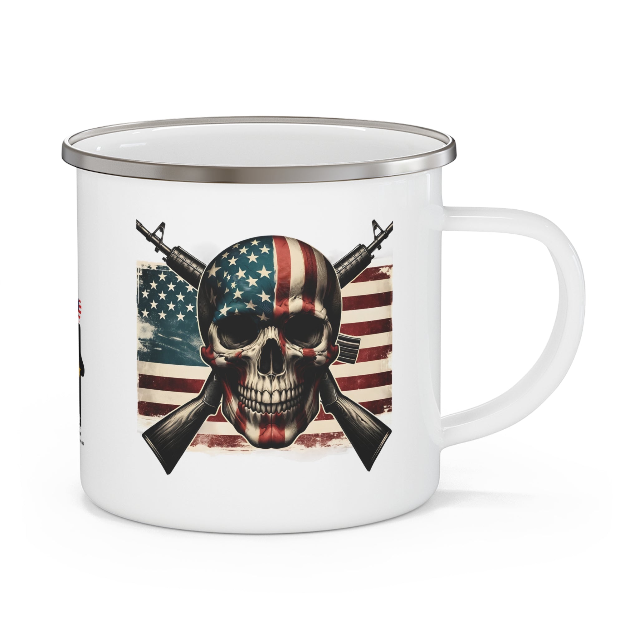 Patriotic Skull Coffee Cup – American Flag & Rifles Enamel Cup