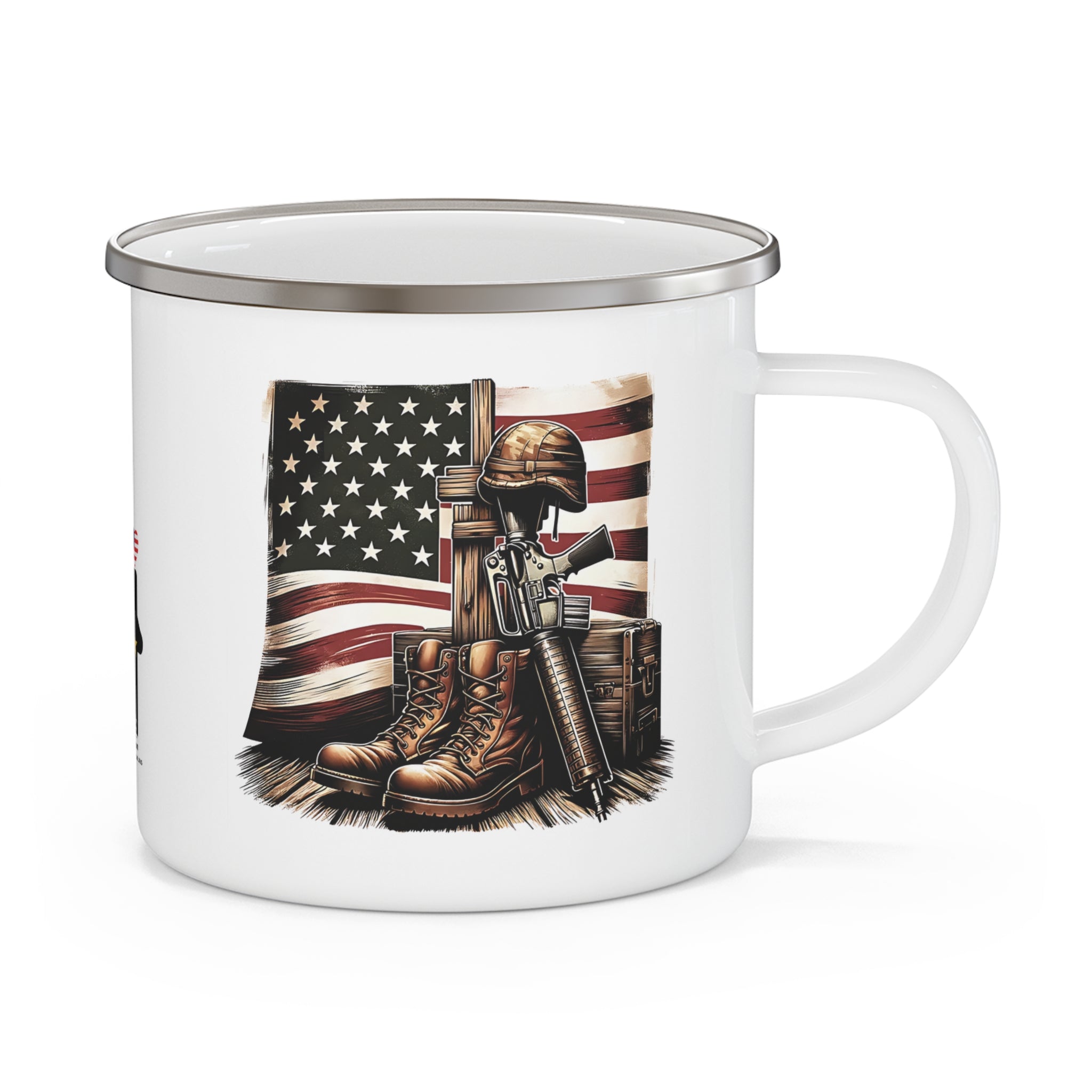 Battlefield Cross Coffee Cup – Patriotic Fallen Soldier Tribute Enamel Cup