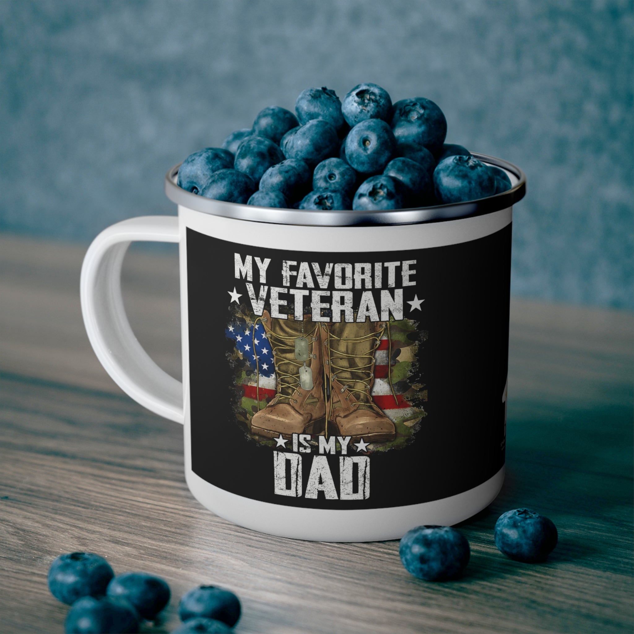 My Favorite Veteran Is My Dad Coffee Cup – Military Boots Patriotic Enamel Cup