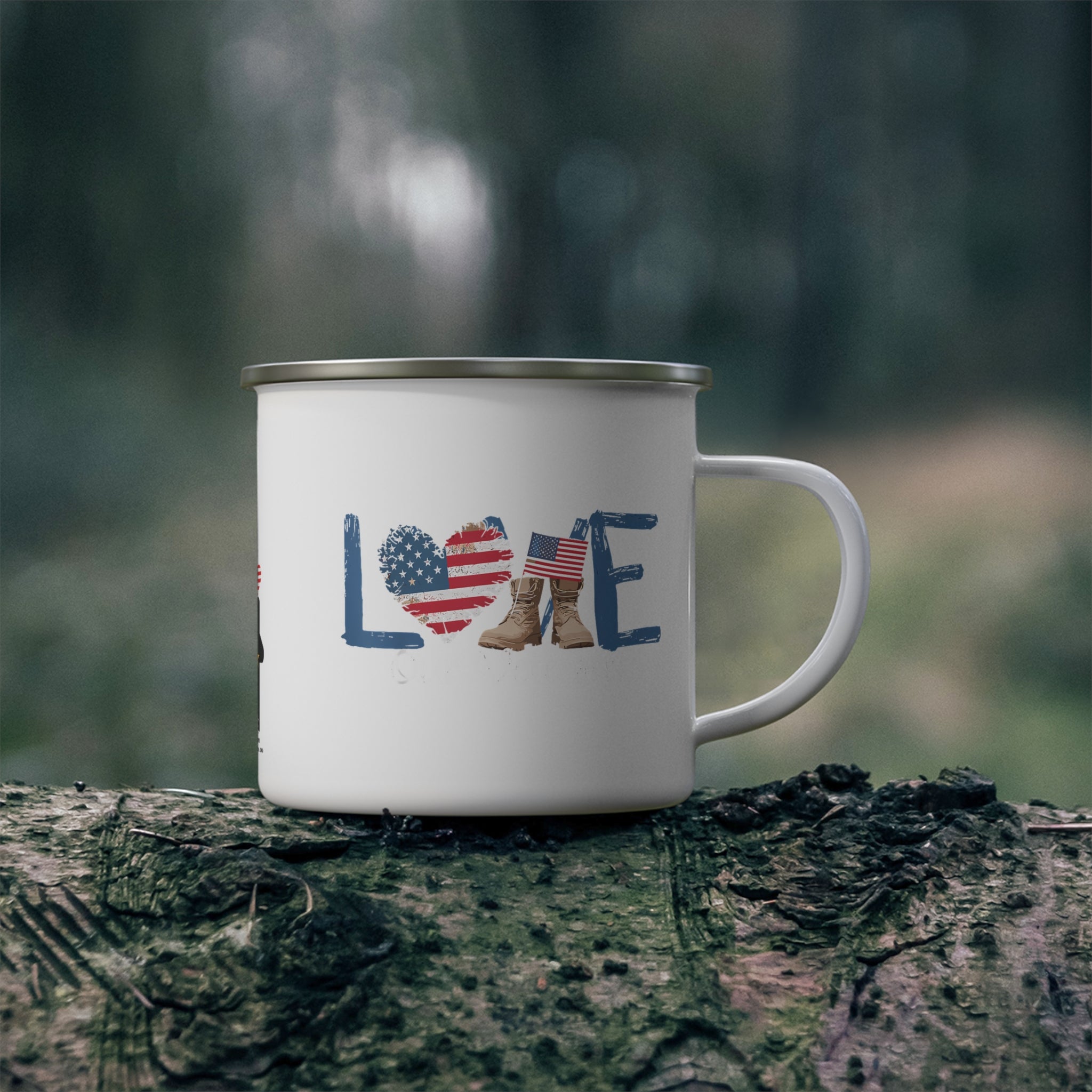 “LOVE” Enamel Mug with American Flag Heart and Combat Boots Design
