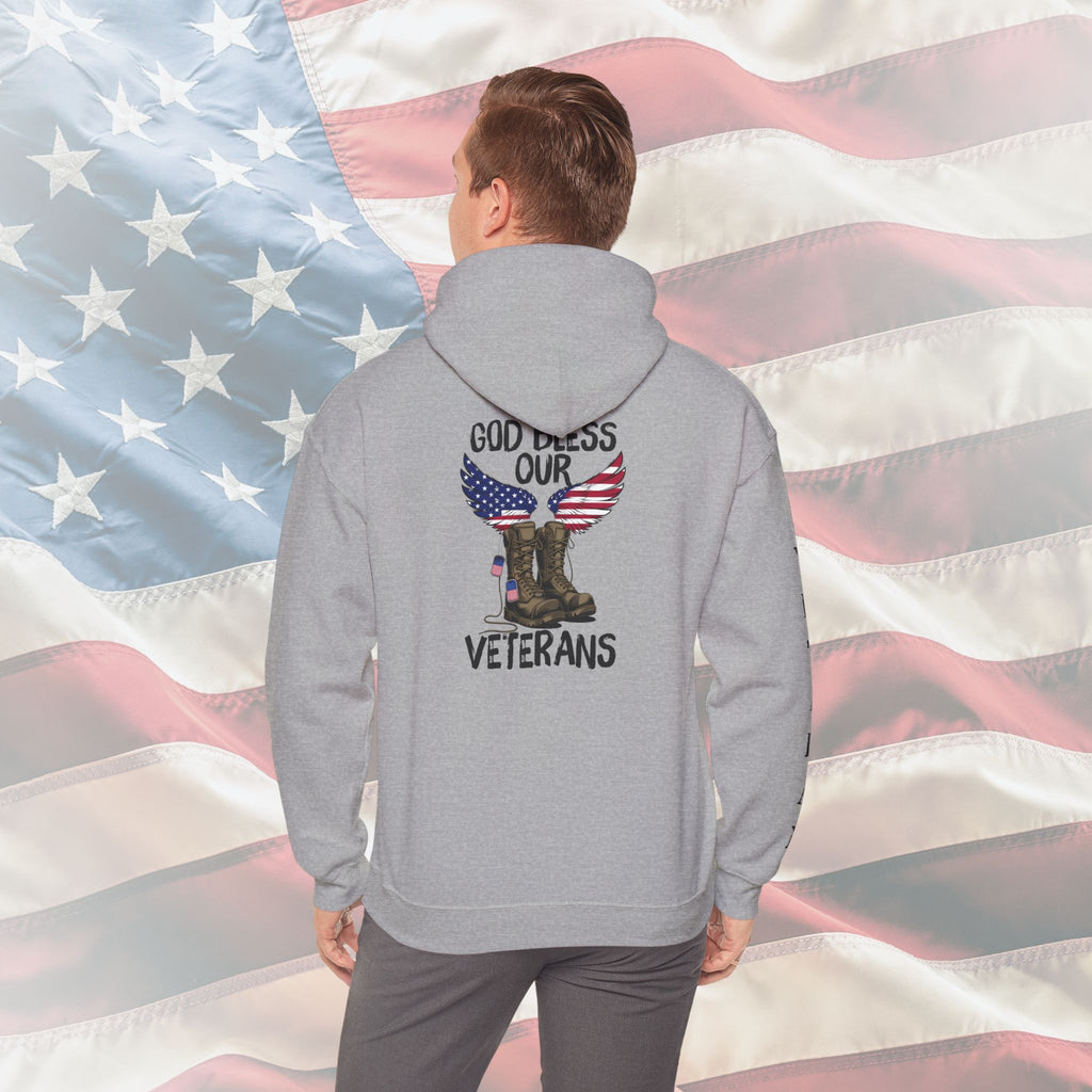 “God Bless Our Veterans” American Flag Boots Patriotic Veteran Sleeve Hoodie