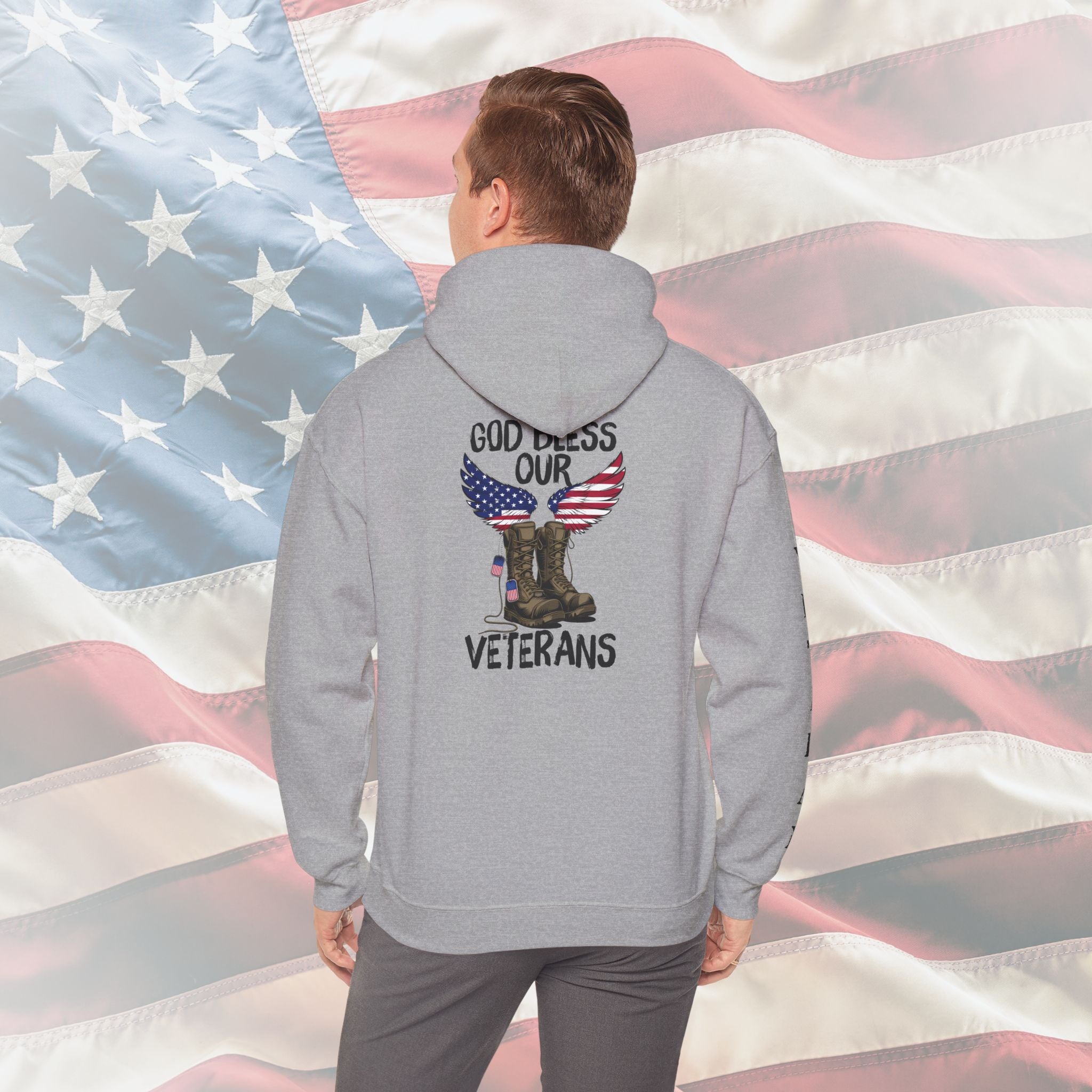 “God Bless Our Veterans” American Flag Boots Patriotic Veteran Sleeve Hoodie