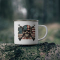 Patriotic Skull Coffee Cup – American Flag & Rifles Enamel Cup