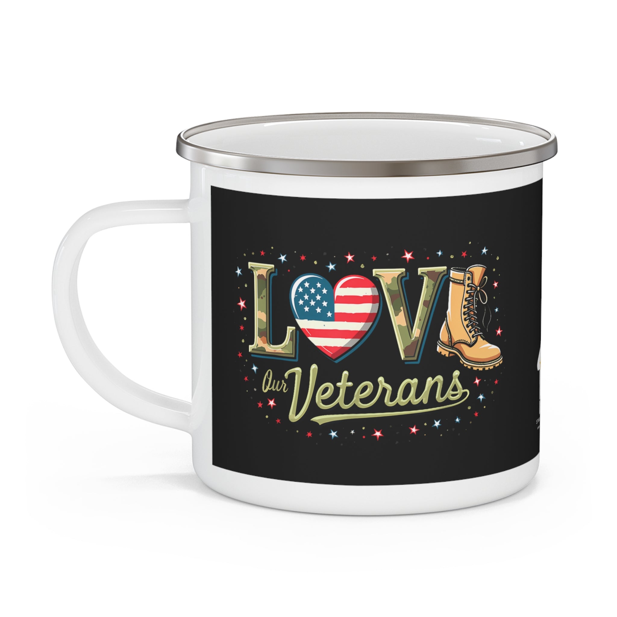 “Love Our Veterans” Enamel Mug with American Flag Heart, Combat Boots, and Star Accents
