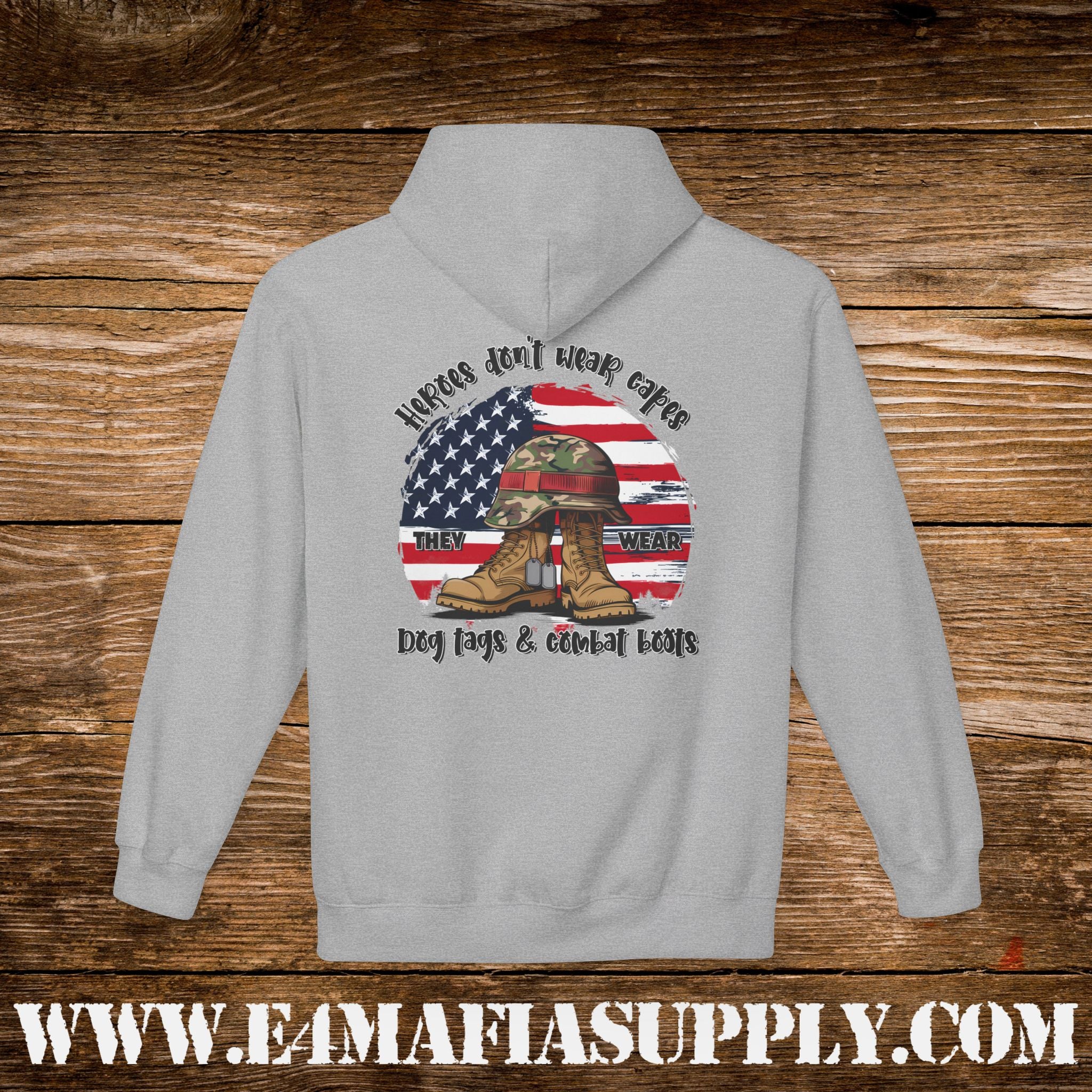 “Heroes Don’t Wear Capes – They Wear Dog Tags & Combat Boots” Patriotic Camo Military Hoodie