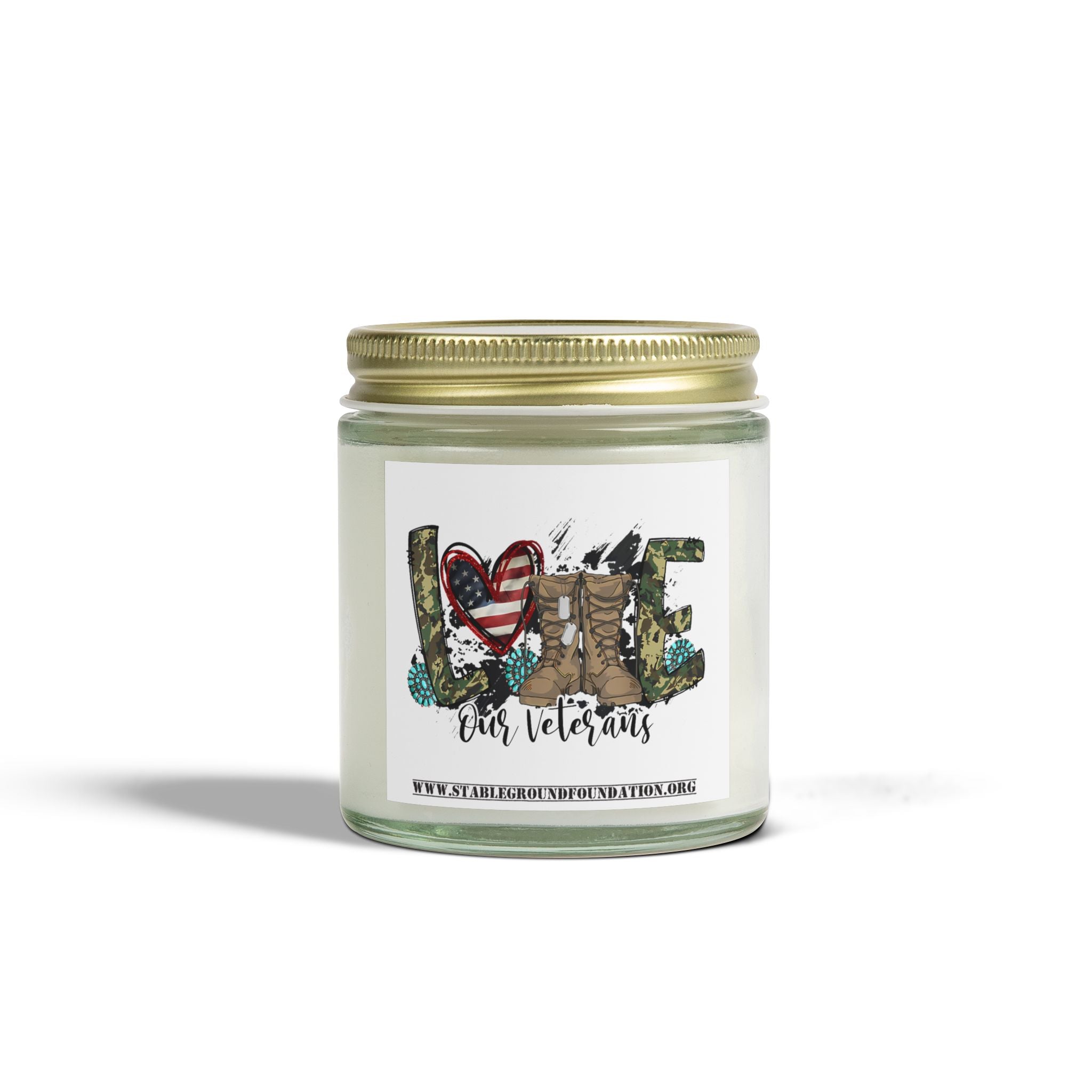 Love Our Veterans Candle – Rustic Camo Heart & Boots Tribute Candle