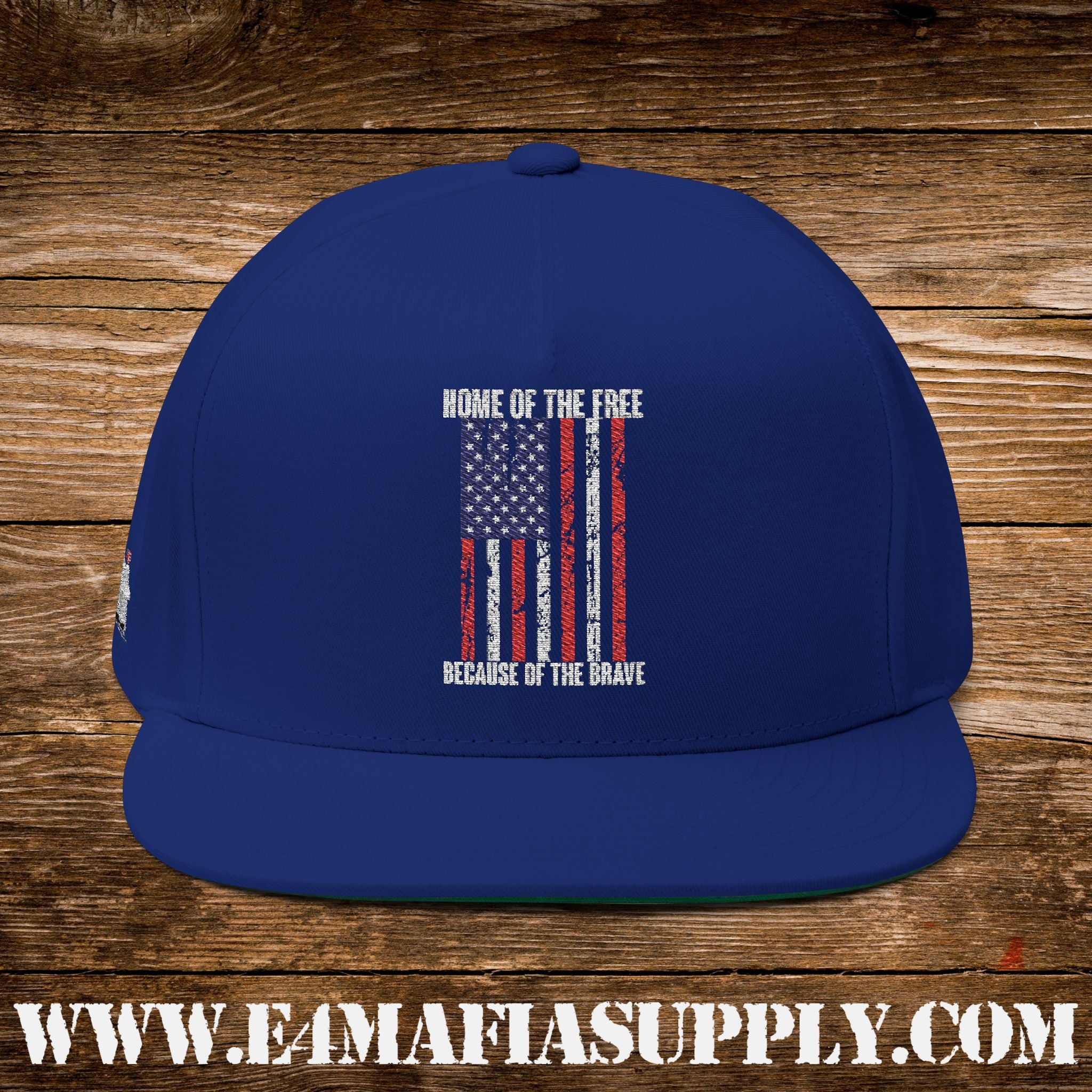 Patriotic “Home of the Free Because of the Brave” Flat Bill Cap with American Flag