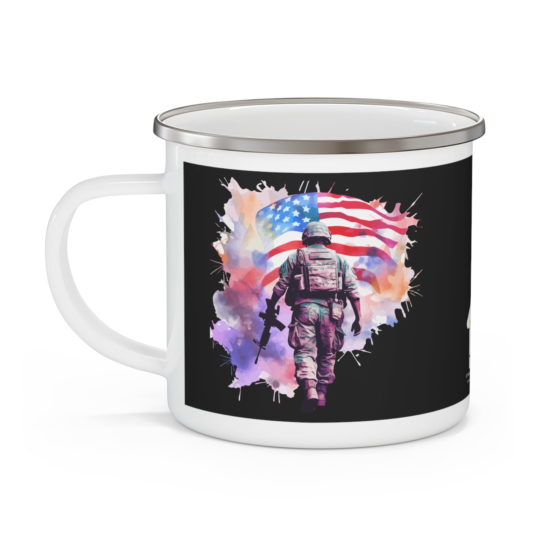Colorful Watercolor Soldier Coffee Cup – Patriotic American Flag Enamel Cup