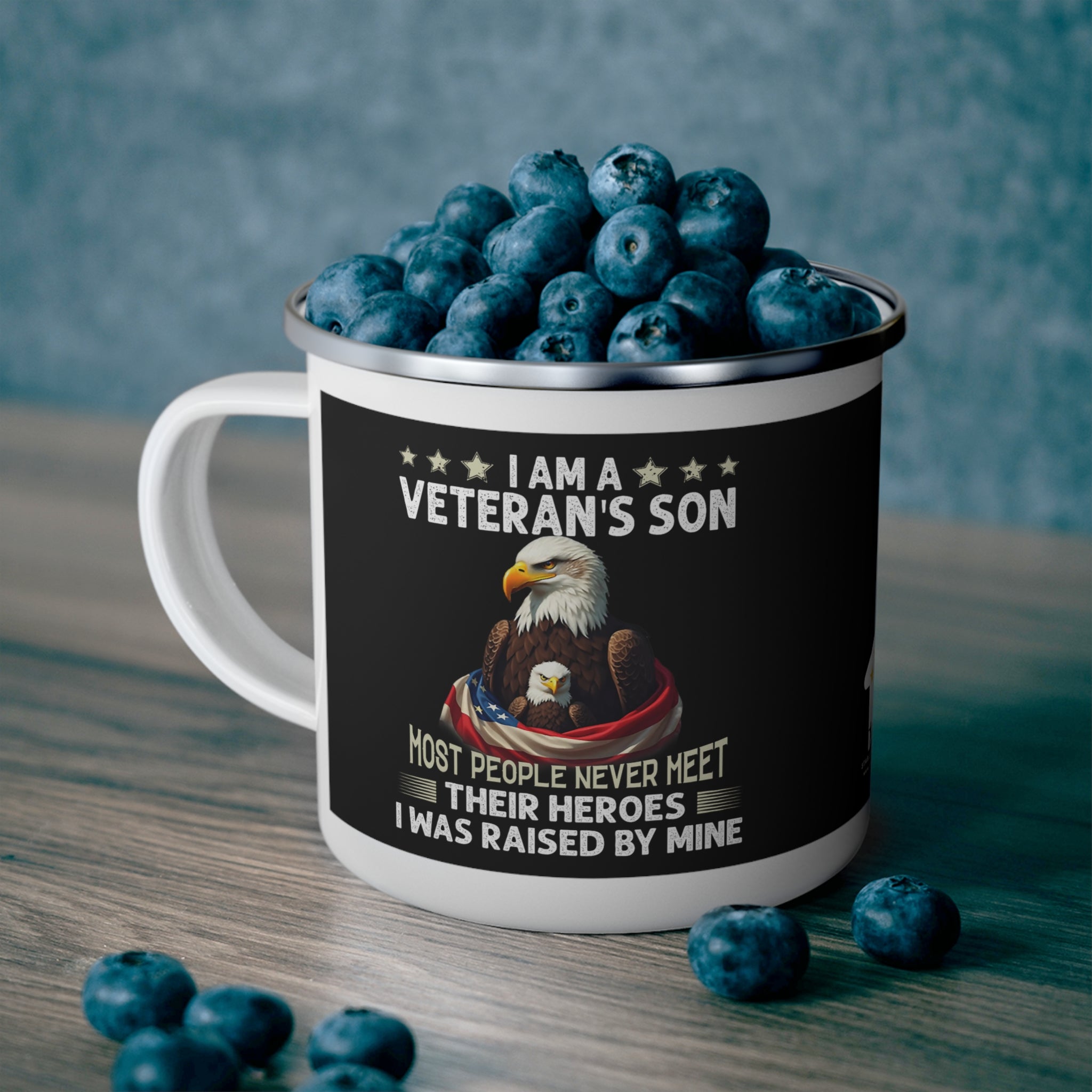 Veteran’s Son Coffee Cup – “I Was Raised by My Hero” Patriotic Enamel Cup