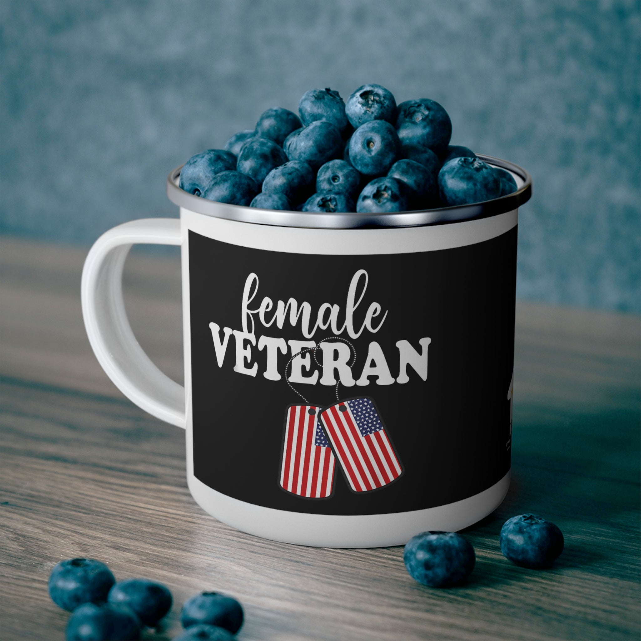 Female Veteran Coffee Cup – Patriotic Enamel Mug with American Flags