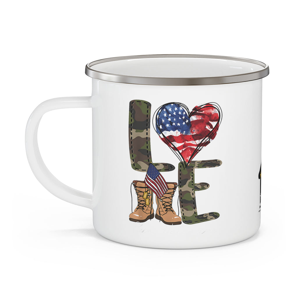 “LOVE” Enamel Mug with Camo Letters, American Flag Heart, and Combat Boots Design