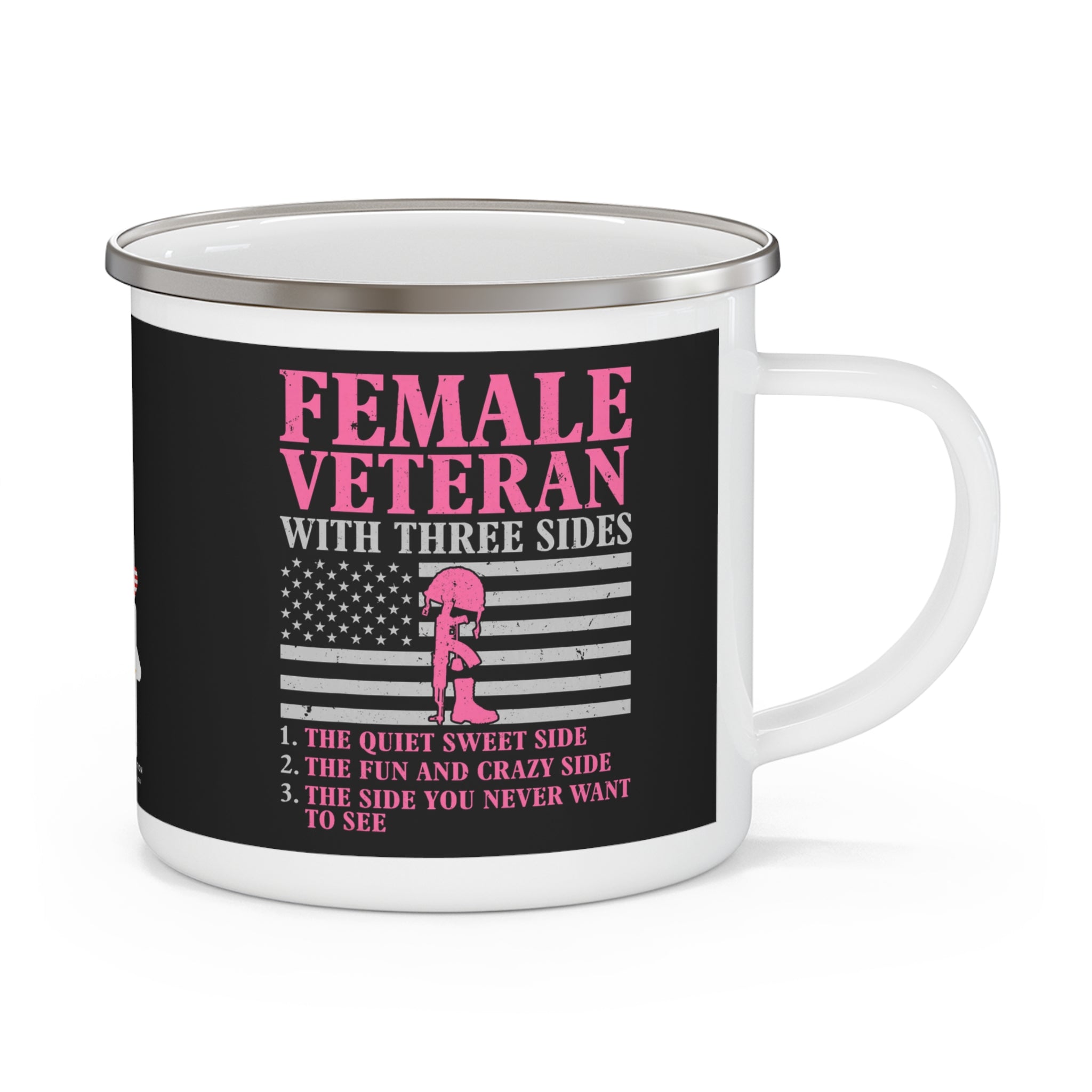Female Veteran with Three Sides Enamel Mug – Funny Patriotic Coffee Cup