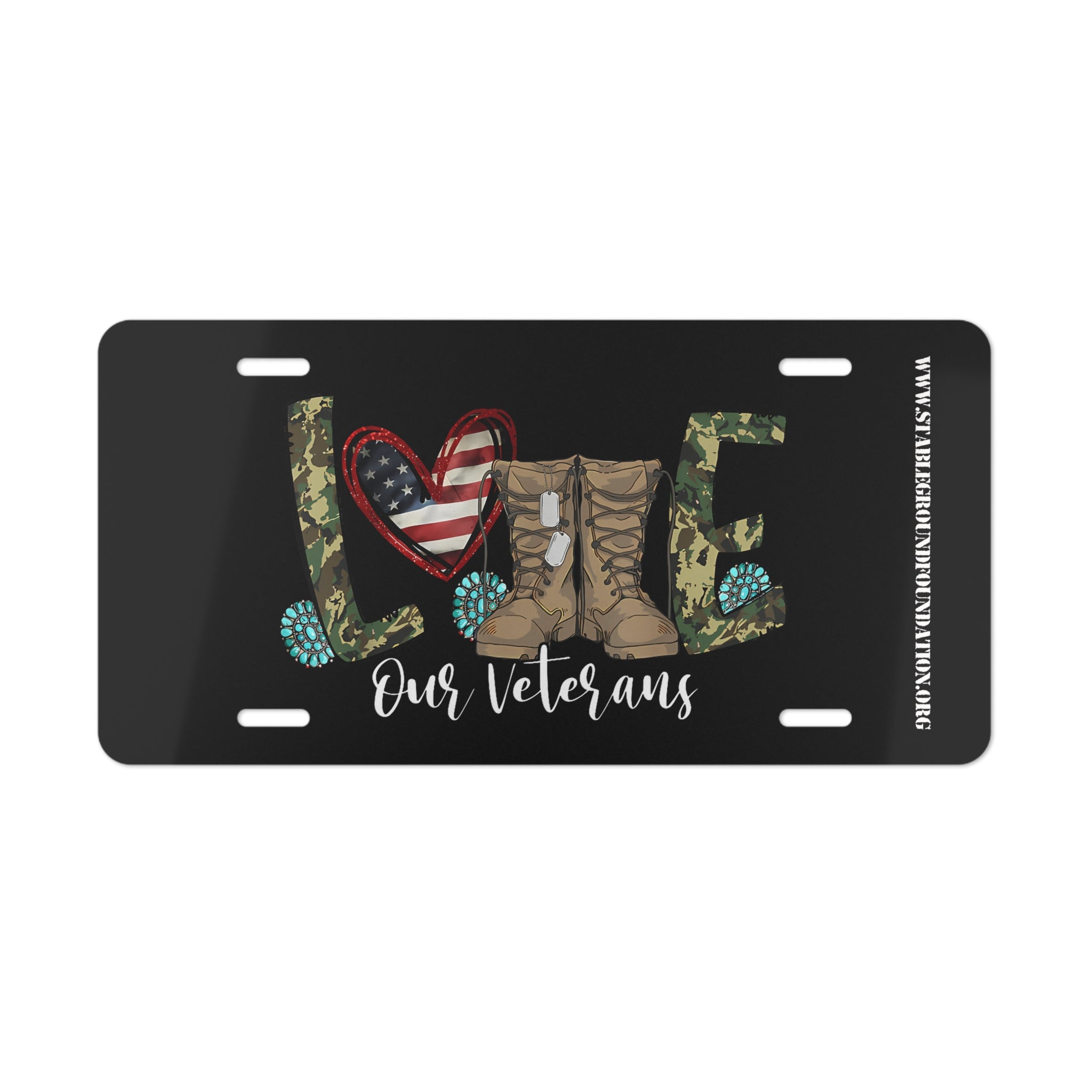 Love Our Veterans – Black Camo Boots & Flag Heart License Plate