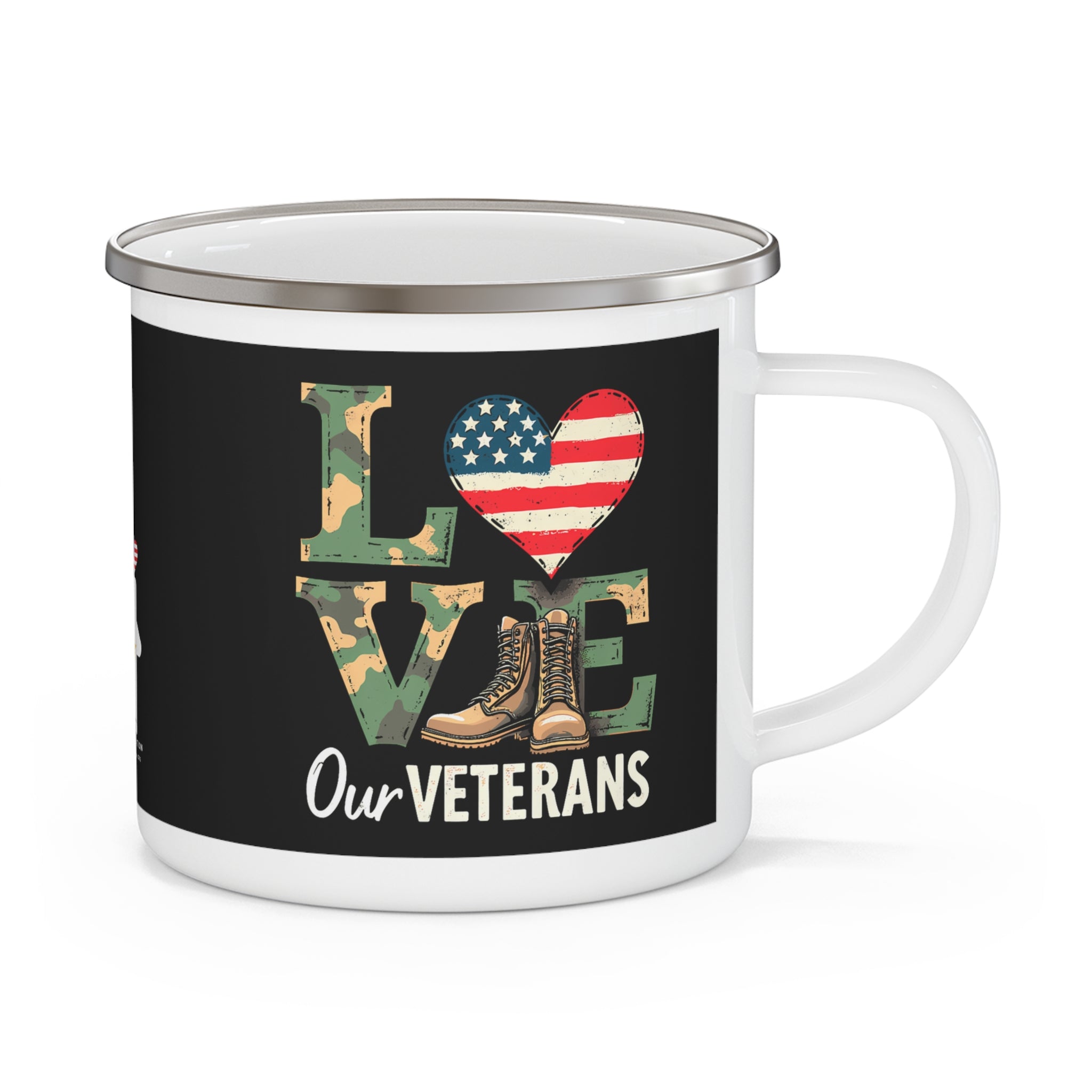 Love Our Veterans” Enamel Mug with Camo Letters, American Flag Heart, and Combat Boots