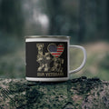 “Love Our Veterans” Enamel Mug with Camo Letters, American Flag Heart, and Combat Boots