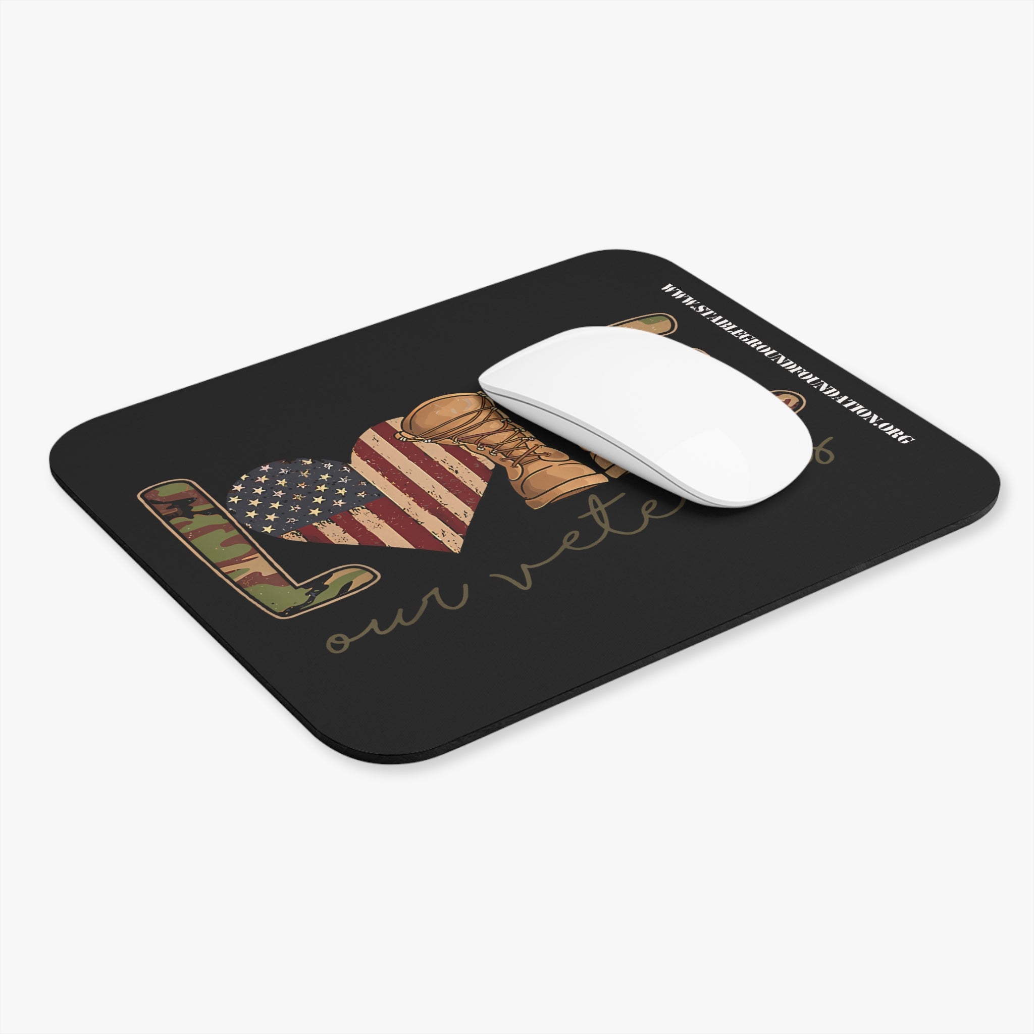 Love Our Veterans – Camo Flag & Boots Patriotic Mouse Pad
