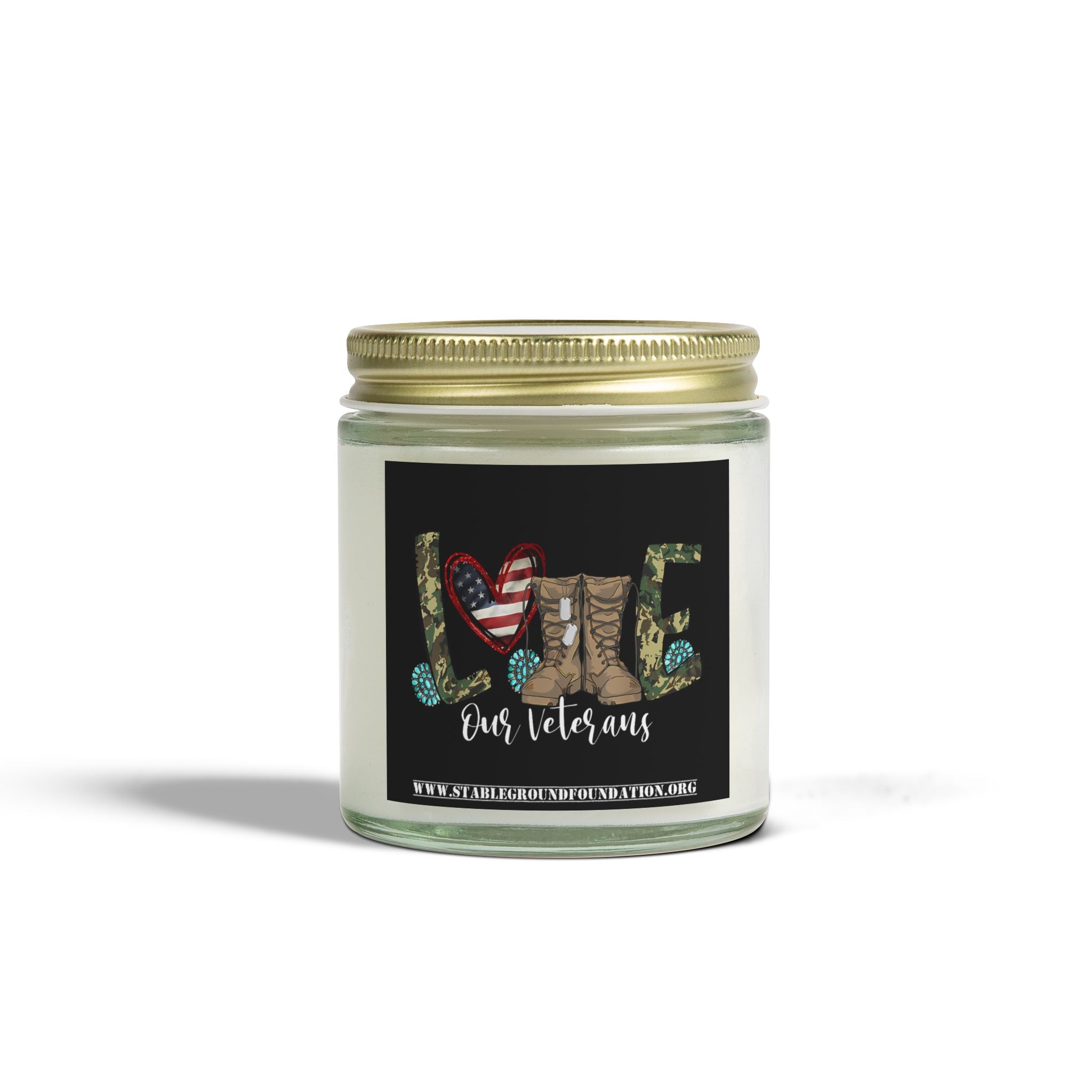 Love Our Veterans Candle – Rustic Camo Heart & Boots Patriotic Tribute Candle