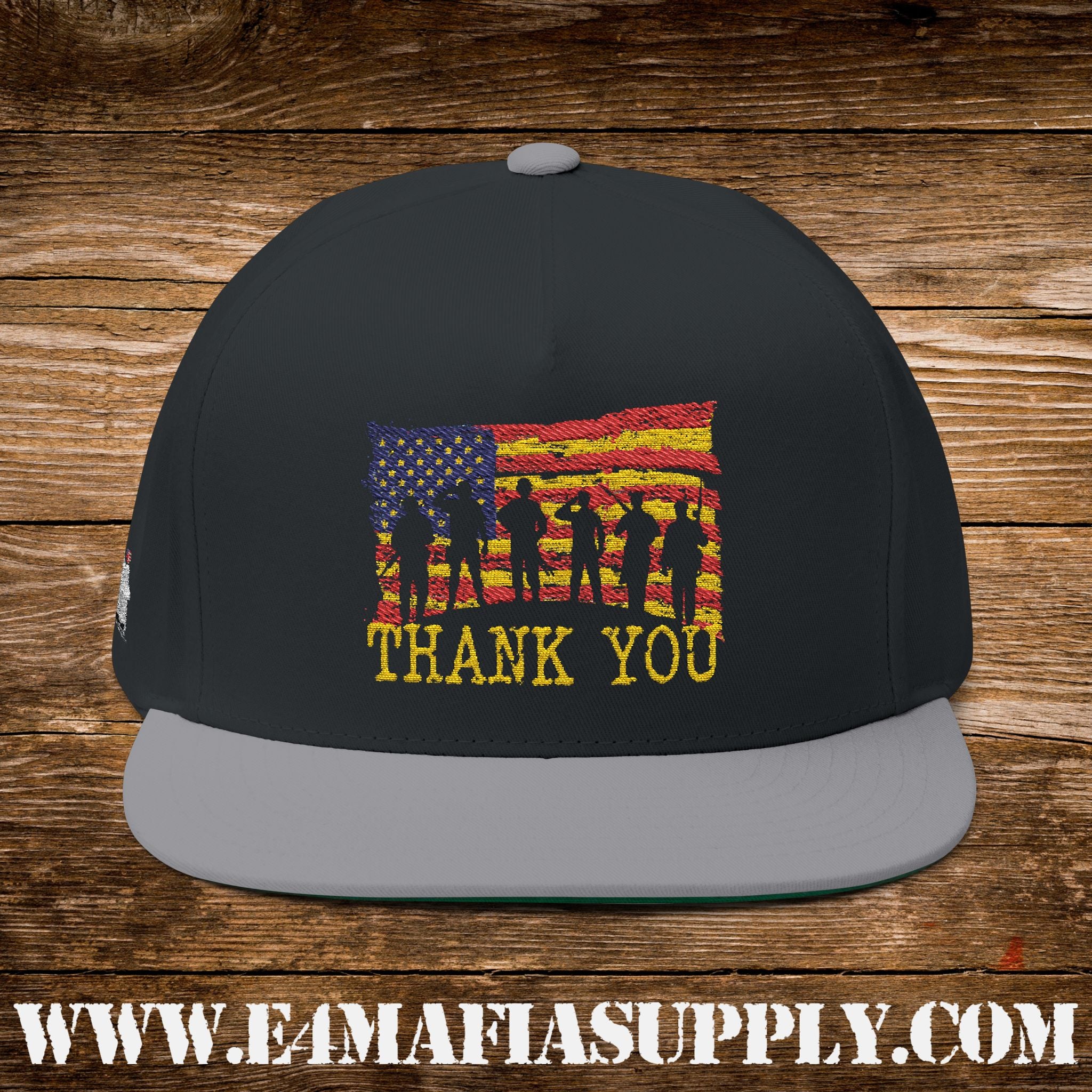 Patriotic “Thank You Veterans” Flat Bill Cap with American Flag and Soldier Silhouette