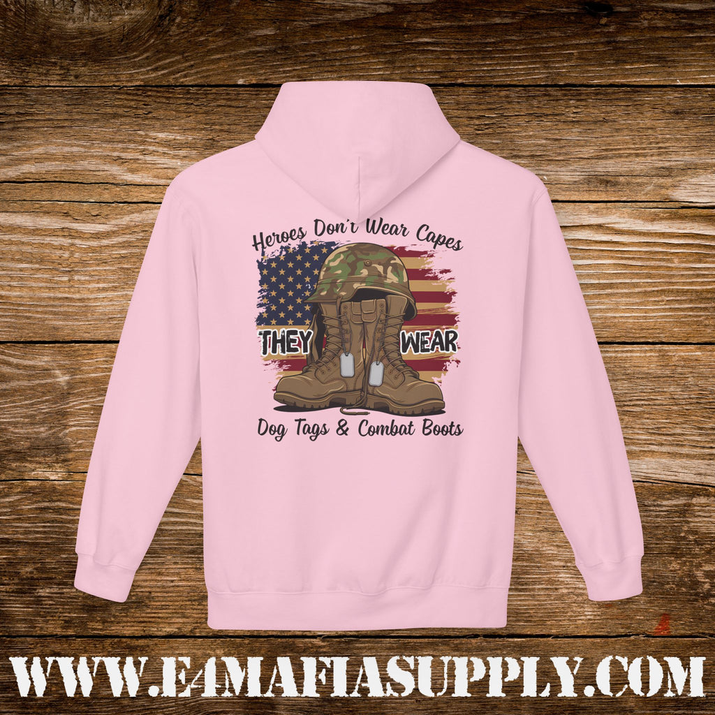 Copy of “Heroes Don’t Wear Capes – They Wear Dog Tags & Combat Boots” Patriotic Military Hoodie