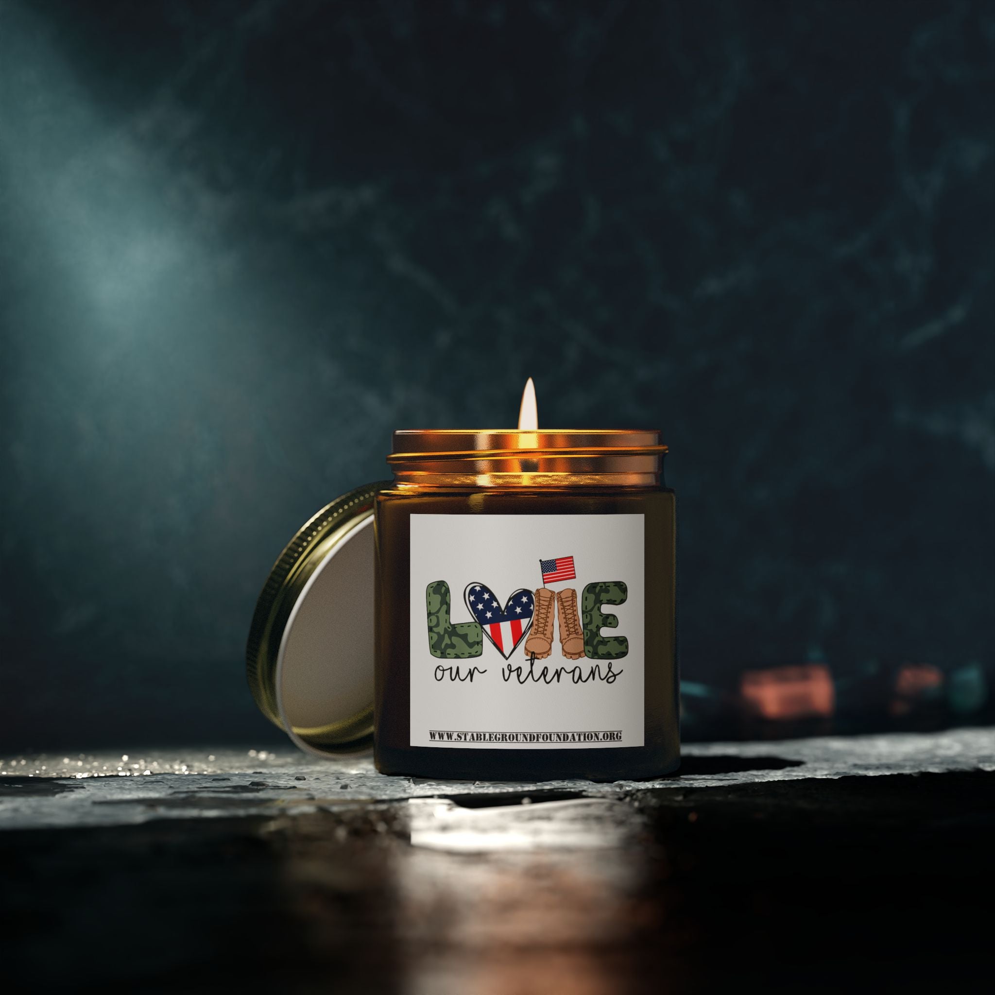 Love Our Veterans Candle – Patriotic Flag Heart and Camo Boots Tribute Candle