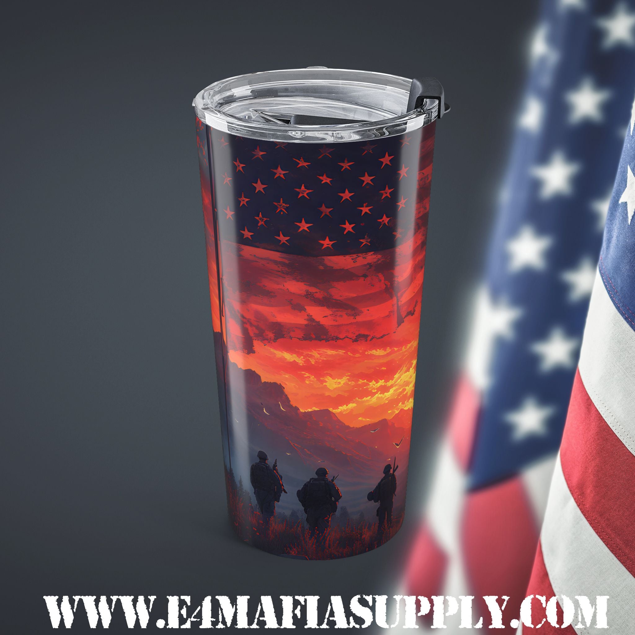 Brothers in Arms — Patriotic Sunset Tumbler Honoring America’s Finest